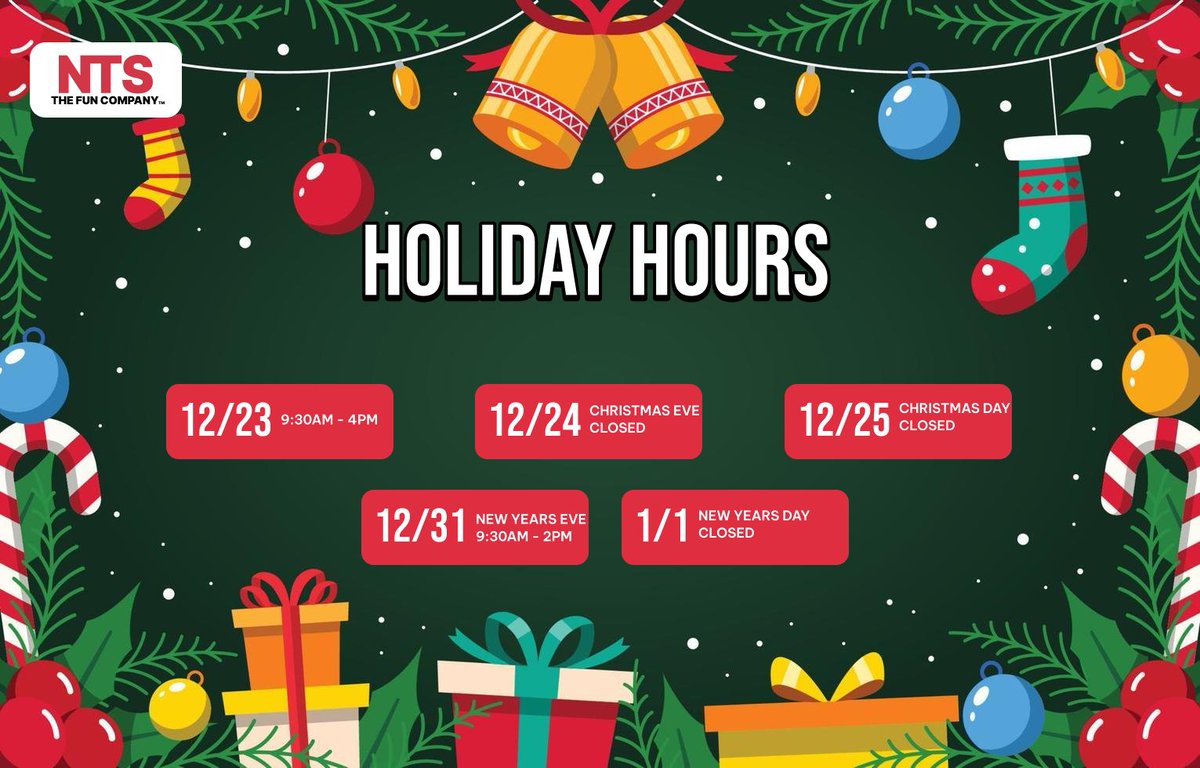 🎄Merry Christmas to all our wonderful customers and partners! Wishing you a joyful and safe holiday season.

📞 Our Service Line remains available for service calls at (402) 331-7411.

Here are our updated hours for the upcoming week:
ntsthefuncompany.com