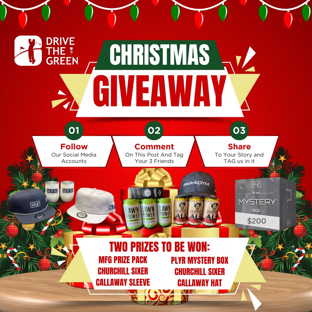 drive_the_green's tweet photo. DTG Holiday Giveaway! 

It’s that time yet again. This time we are giving away our biggest prize pack yet.

Huge thanks to all of our sponsors PLYR Golf, Meckelborg Financial Group, Churchill Brewing and Callaway Golf. 

See post for how to enter. Happy Holidays! https://t.co/pAWP7rRVnj