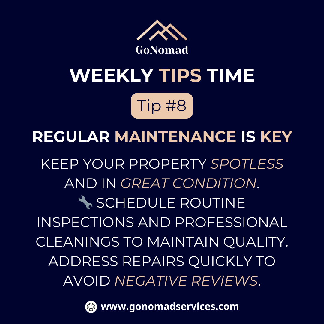 GoNomadStays's tweet photo. 🛠️ Weekly Tips Time - Tip #8 🛠️
✨ Regular Maintenance is Key! ✨

Keep your property spotless and in great condition.
🧹 Schedule routine inspections and professional cleanings.
🔧 Address repairs promptly to avoid negative reviews.
💼 Stay ahead and keep your guests happy!
Visit 👉 https://t.co/tnCIGbGv64
#GoNomadTips #AirbnbHosting #PropertyMaintenance