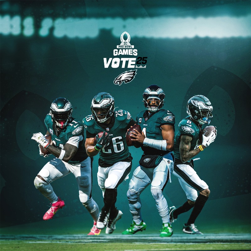 Eagles's tweet photo. Double #ProBowlVote Day: OFFENSE 🚨

1 RT = 2 VOTES

@JalenHurts @saquon @BigTicket73 @Landon_2012 @LaneJohnson65 @CameronJurgens @jordan_mailata @DeVontaSmith_6 @1kalwaysopen_