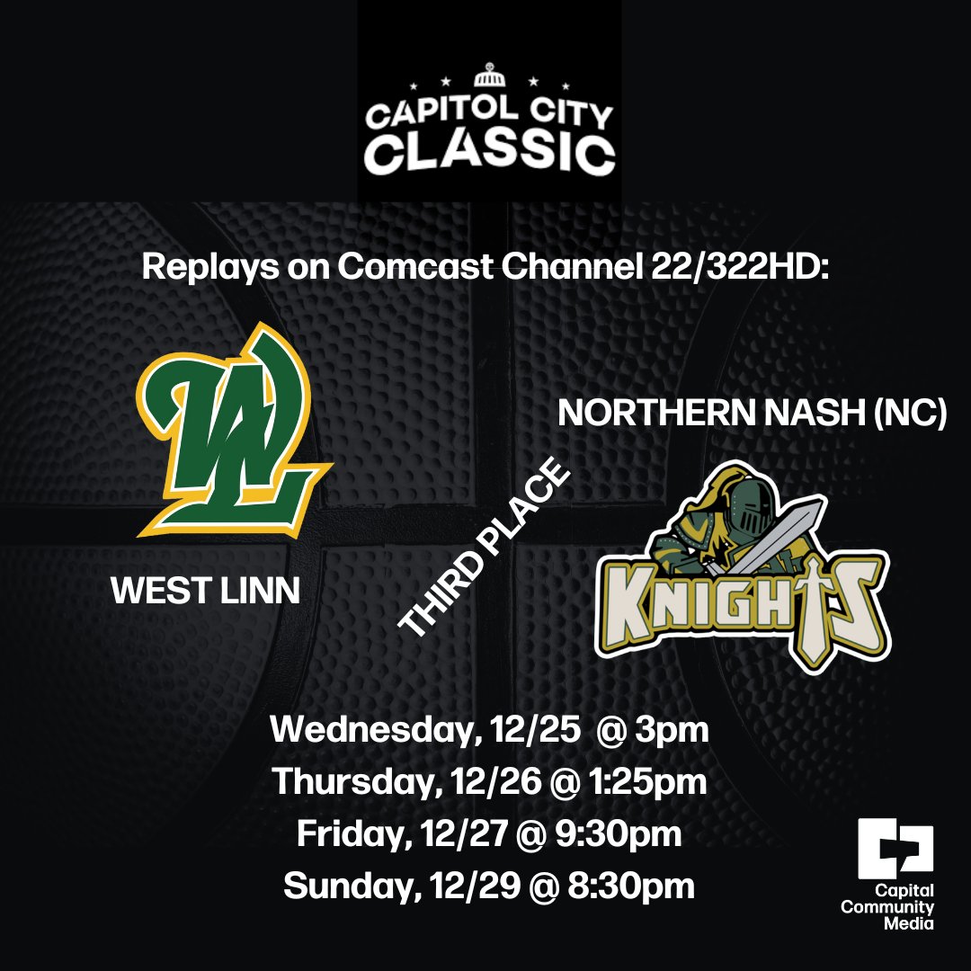 Capital Community Media (@ccmediasalem) on Twitter photo It doesn't get much better than watching Christmas Day basketball! The 3rd place game of <a href="/capcitytourney/">Capitol City Classic</a> between West Linn and Northern Nash (NC) will air at 3pm on Comcast channel 22/322HD. Can't watch then? See graphic for other replays. It doesn't get much better than watching Christmas Day basketball! The 3rd place game of <a href="/capcitytourney/">Capitol City Classic</a> between West Linn and Northern Nash (NC) will air at 3pm on Comcast channel 22/322HD. Can't watch then? See graphic for other replays.