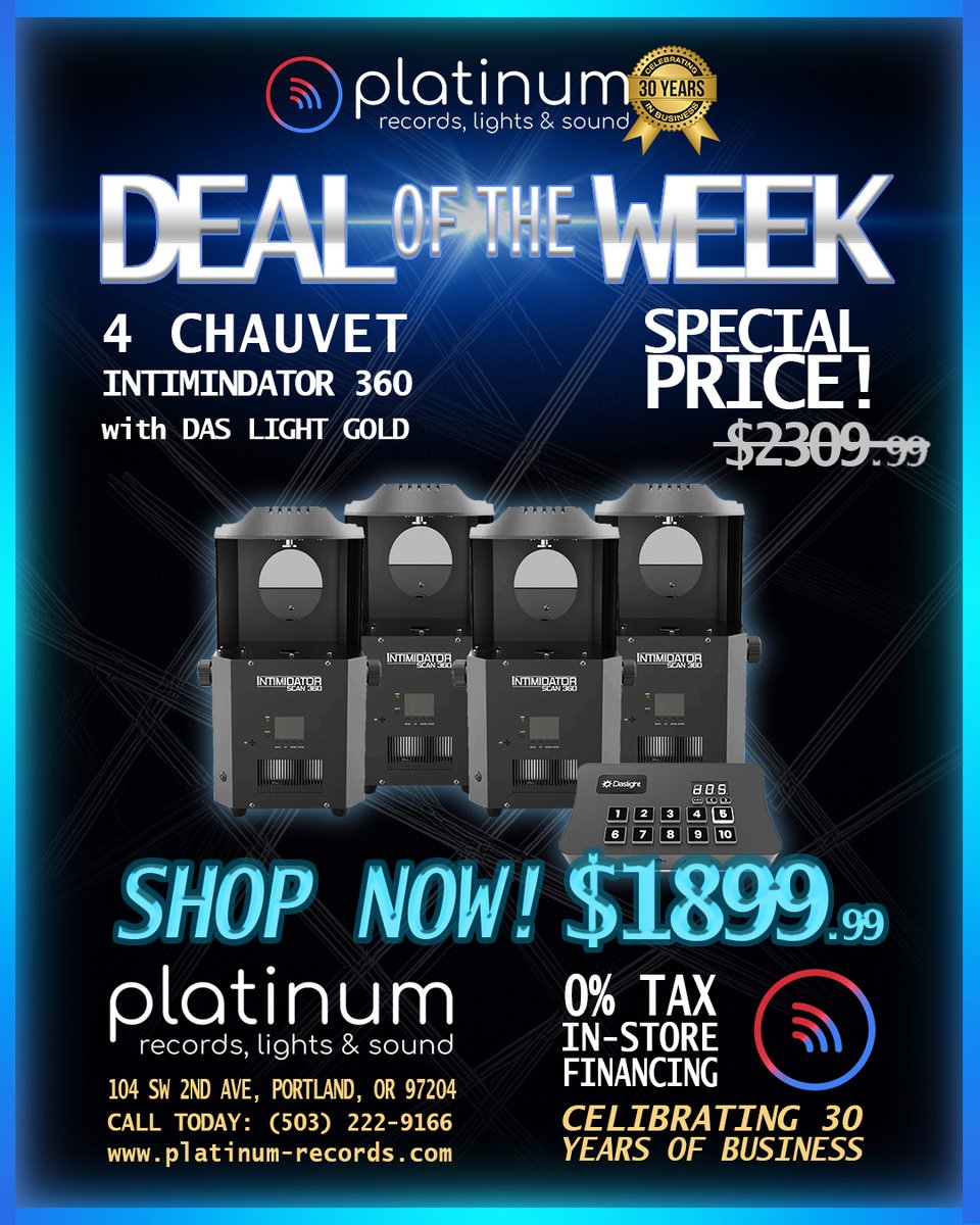 🎉 Deal of the Week Alert! 🎉
💰 Was $2,309.99 | Now $1,899.99
platinum-records.com/DOTW-Intimidat…
#LightingGear #StageControl #ChauvetScan360 #DaslightDMX #DealOfTheWeek #PlatinumRecords #DJLife #EventProduction #LiveShows