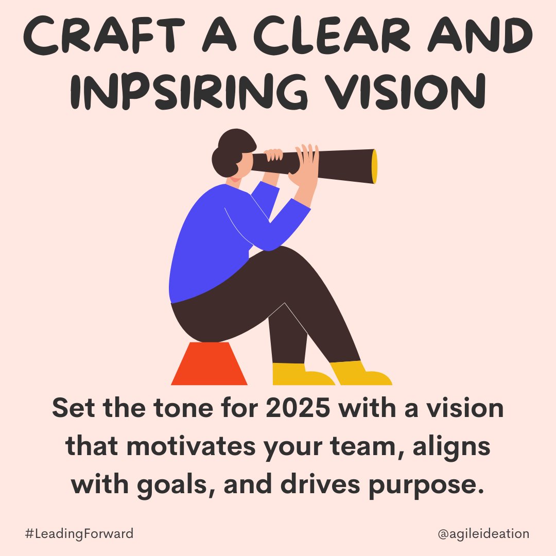 AgileIdeation's tweet image. 🌟 What’s your leadership vision for 2025? A clear, compelling vision inspires your team, aligns with organizational goals, and keeps everyone motivated—even during challenges. Here&apos;s how to craft one that drives success. 👇 #Leadership #VisionSetting
