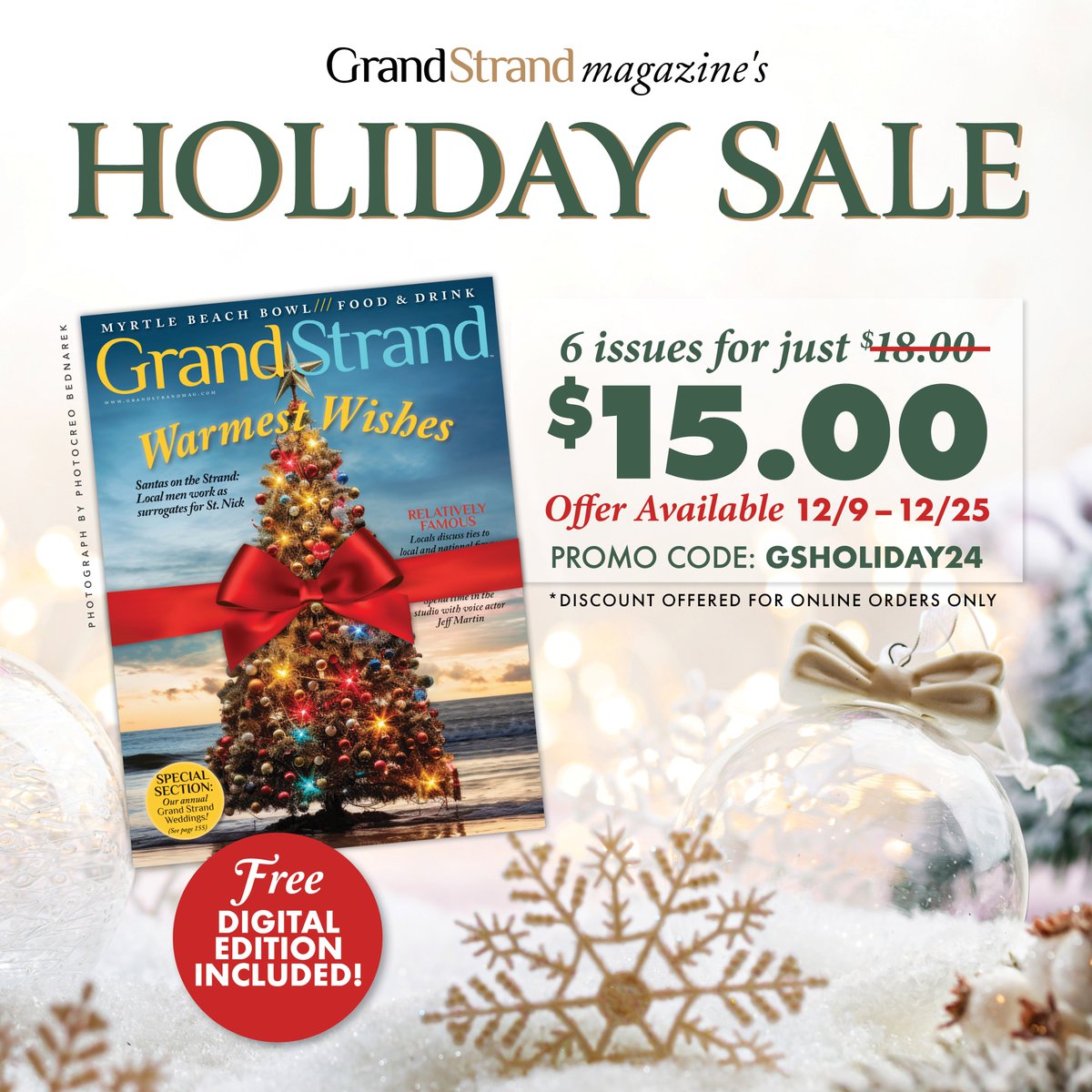 Only a few days left to take advantage of our last sale of the year! 🎄🎁 grandstrandmag.com/subscribe

#grandstrandmag #grandstrandmagazine #supportlocal #beachmagazine #holidaysale