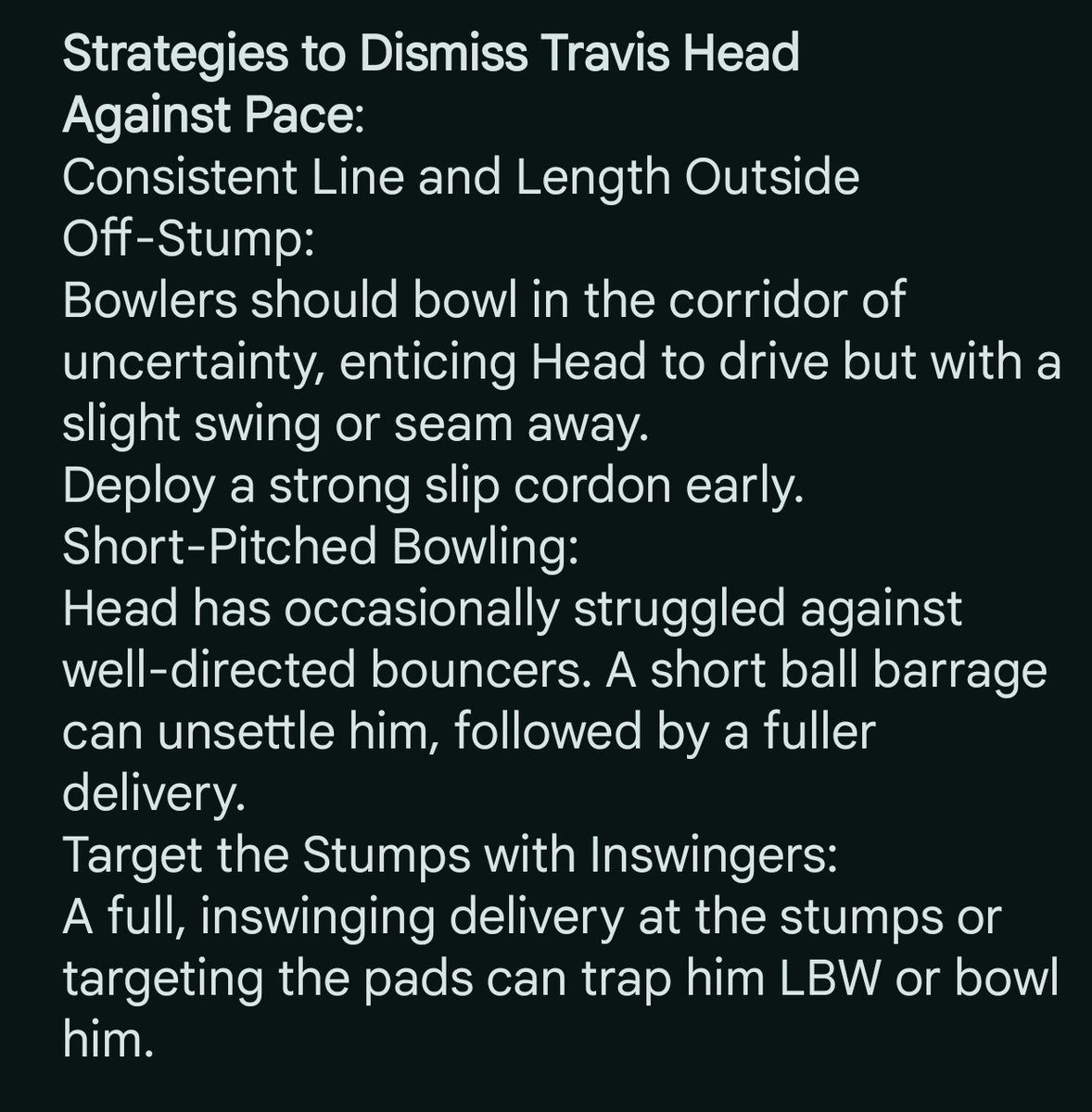 amitKP05's tweet photo. Here are ways to get Travis Head OUT.
Don't know if that will help or not , but it's an analysis of ChatGPT 4.
@BCCI @ImRo45 https://t.co/eaveVHmZDG