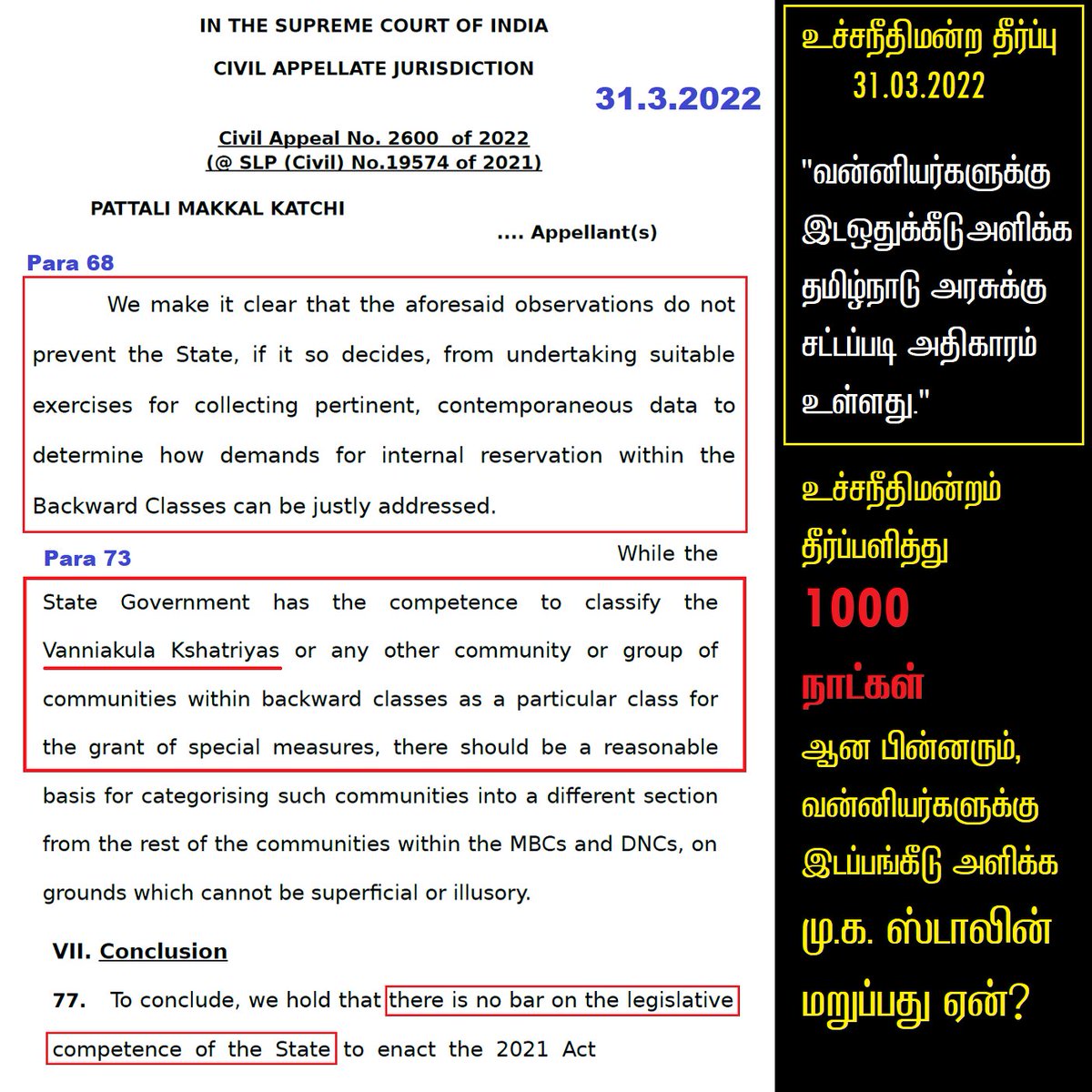 arulgreen's tweet photo. உச்சநீதிமன்ற தீர்ப்பு 31.03.2022👇

"வன்னியர்களுக்கு இடஒதுக்கீடு அளிக்க தமிழ்நாடு அரசுக்கு சட்டப்படி அதிகாரம் உள்ளது"

உச்சநீதிமன்றம் தீர்ப்பளித்து 1000 நாட்கள் ஆன பின்னரும், வன்னியர்களுக்கு இடப்பங்கீடு அளிக்க மு.க. ஸ்டாலின் மறுப்பது ஏன்?

#ஸ்டாலின்துரோகம்
#VanniyarReservation https://t.co/vys5QIQK3l