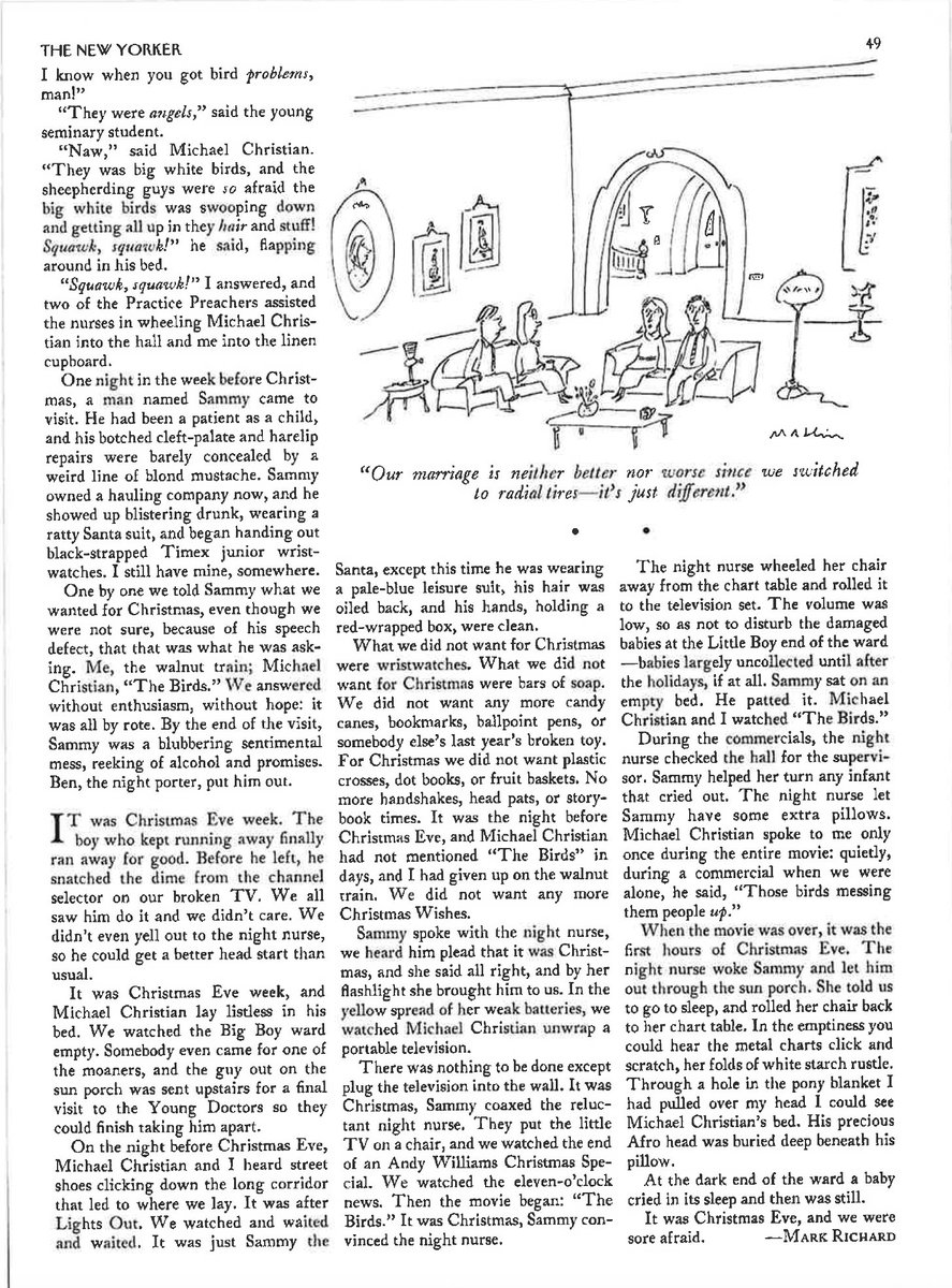 L0m3z's tweet image. For Christmas this year, I want to share Mark Richard's short story "Birds for Christmas," which was first published in the New Yorker in 1990.

The story is very short, just two magazine pages long, and features two orphan boys stuck in a hospital ward for Christmas and who want…