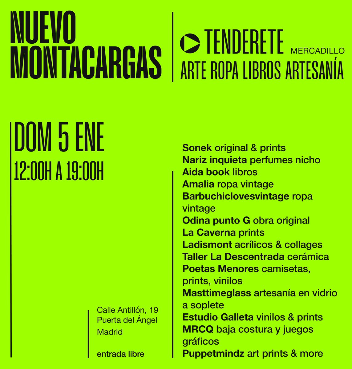 👑 Tenderete de reyes el próximo 5 de enero de 12:000h a 19:00h 🎵🎨👚📚 Vente a encontrar los regalos más singulares al mercadillo del Nuevo Montacargas: discos, ropa, arte, libros, cerámica, perfumes, prints, juegos gráficos, collage y mucho más. 

📍Antillón, 19
