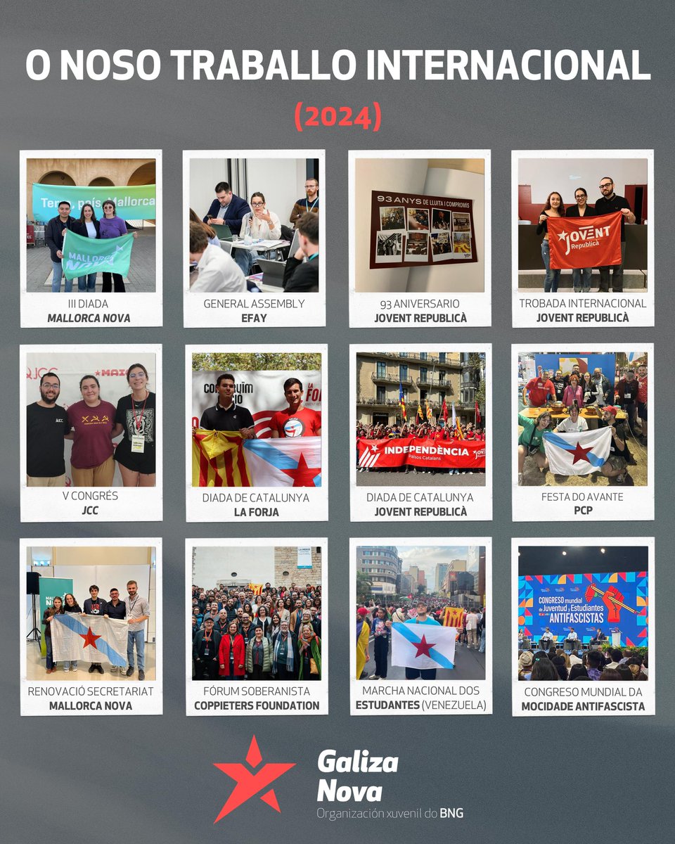 O internacionalismo é un piar fundamental no traballo de Galiza Nova, porque entendemos que a loita pola soberanía nacional da Galiza está estreitamente ligada ás loitas doutros pobos pola súa liberdade.

Neste 2024, reforzamos os lazos con organizacións irmás, aprendendo das