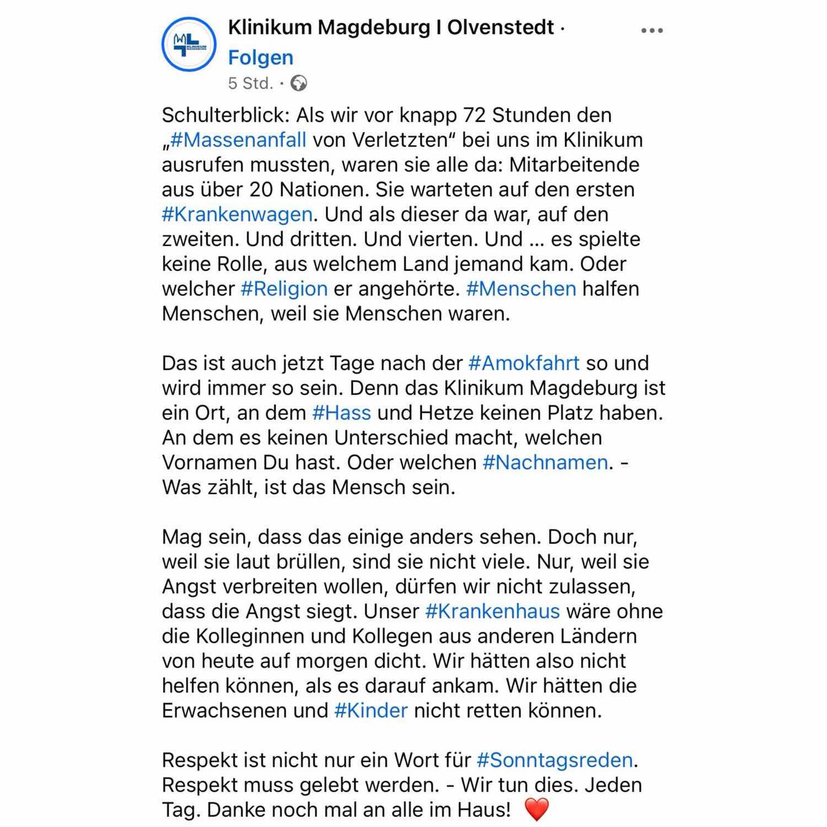 Torsten Dittkuhn 🦘 (@tdittkuhn) on Twitter photo „Unser Krankenhaus wäre ohne die Kolleginnen u Kollegen aus anderen Ländern von heute auf morgen dicht. Wir hätten also nicht helfen können, als es darauf ankam. Wir hätten die Erwachsenen u Kinder nicht retten können.“
Statement des Klinikums #Magdeburg an alle Fremdenfeinde!👏 „Unser Krankenhaus wäre ohne die Kolleginnen u Kollegen aus anderen Ländern von heute auf morgen dicht. Wir hätten also nicht helfen können, als es darauf ankam. Wir hätten die Erwachsenen u Kinder nicht retten können.“
Statement des Klinikums #Magdeburg an alle Fremdenfeinde!👏