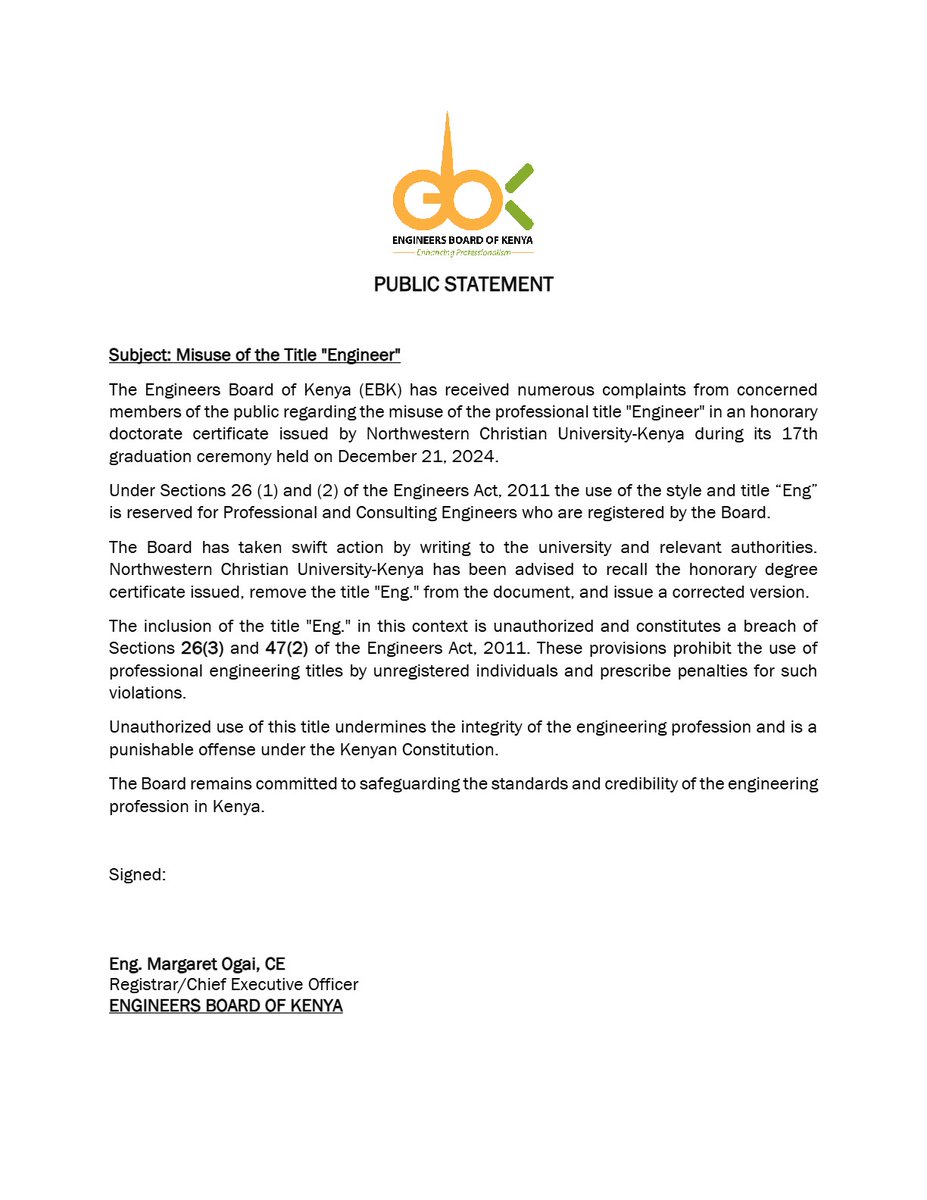 Engineers Board of Kenya (@engineersboard) on Twitter photo The <a href="/EngineersBoard/">Engineers Board of Kenya</a> has issued a public statement addressing the misuse of the protected title "Engineer."
Find attached the statement.
#EngineeringProfessionalism
<a href="/TransportKE/">Ministry of Roads and Transport | Kenya</a>
<a href="/Roads_KE/">State Department For Roads</a>
<a href="/EngEKMwongera/">Eng. Erastus K. Mwongera, CE, FIEK, CBS| EBS| OGW</a>
<a href="/Eng_MaggieOgai/">Eng. Margaret Ogai</a>
<a href="/TheIEK/">The Institution of Engineers of Kenya</a>
<a href="/ACEK1968/">The Association of Consulting Engineers of Kenya</a> The <a href="/EngineersBoard/">Engineers Board of Kenya</a> has issued a public statement addressing the misuse of the protected title "Engineer."
Find attached the statement.
#EngineeringProfessionalism
<a href="/TransportKE/">Ministry of Roads and Transport | Kenya</a>
<a href="/Roads_KE/">State Department For Roads</a>
<a href="/EngEKMwongera/">Eng. Erastus K. Mwongera, CE, FIEK, CBS| EBS| OGW</a>
<a href="/Eng_MaggieOgai/">Eng. Margaret Ogai</a>
<a href="/TheIEK/">The Institution of Engineers of Kenya</a>
<a href="/ACEK1968/">The Association of Consulting Engineers of Kenya</a>