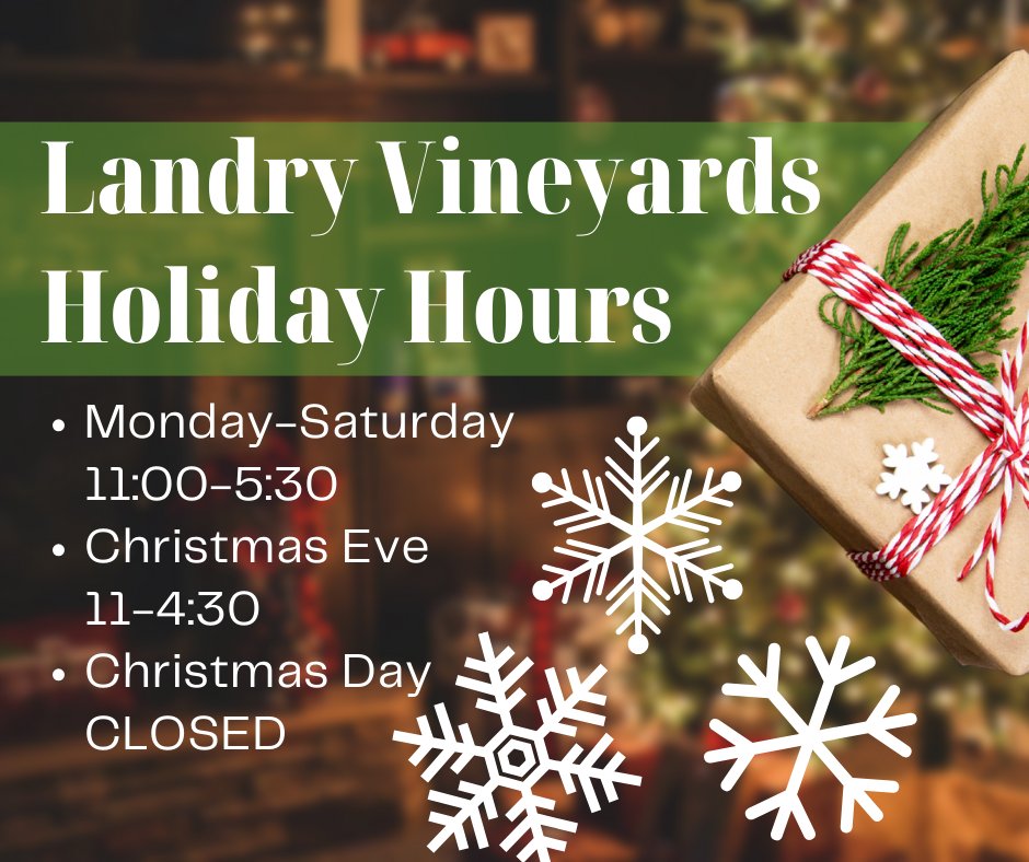 We are open for your last-minute Christmas shopping needs! We have 24 wines to choose from, custom gift boxes, single bottle gifts, gift certificates, and more.
Stop by Monday-Saturday from 11-5:30 and see holiday hours below.