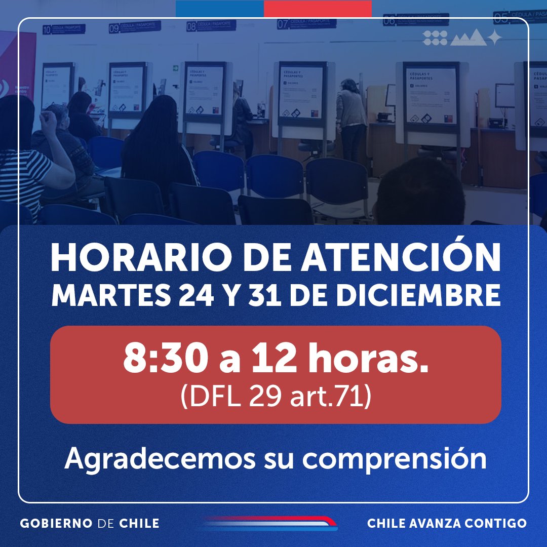 📢 Información importante para nuestros usuarios y usuarias: Este 24 y 31 de diciembre todas nuestras oficinas funcionarán hasta el  mediodía (12:00 horas p.m.) #Valdiviacl #ElRanco #LosRíoscl