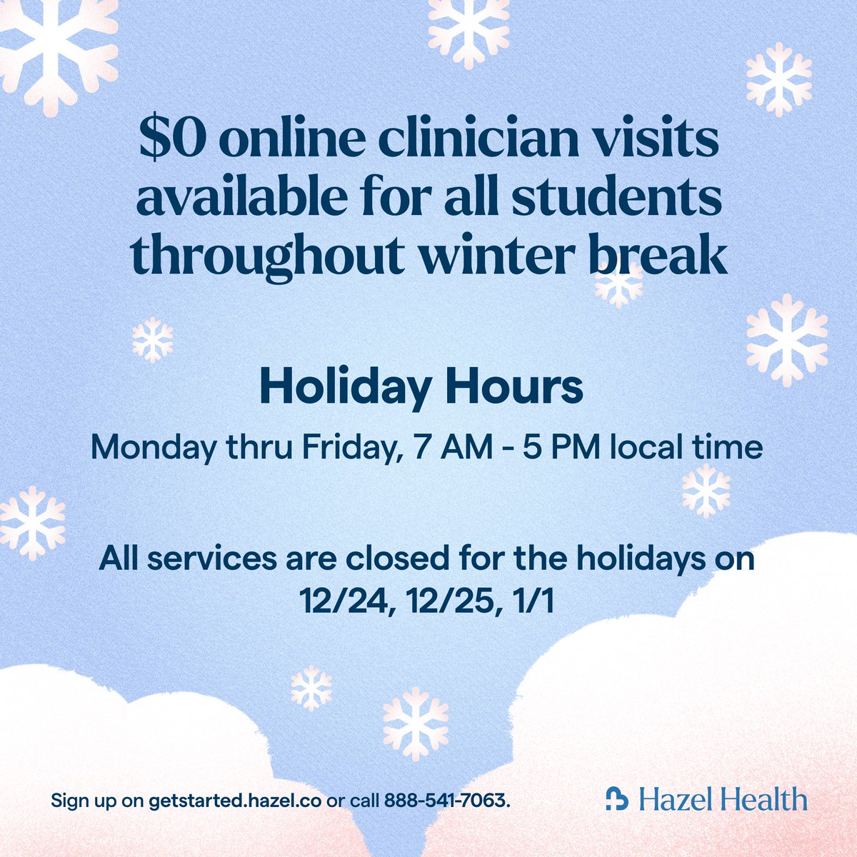 Starting this winter break, students can get FREE virtual doctor visits with Hazel Health!

Just give permission in the Aeries Parent Portal and fill out Hazel’s consent form to make sure your student has access to care whenever they need it.

Sign up here getstarted.hazel.co/district/sausd