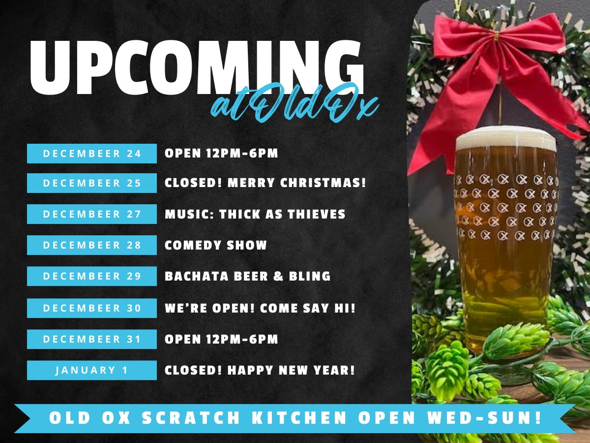 We're open tomorrow 12pm-6pm and closed on Christmas! Come celebrate the holidays this weekend with a live performance by Thick as Thieves, a comedy show, and a bachata party!