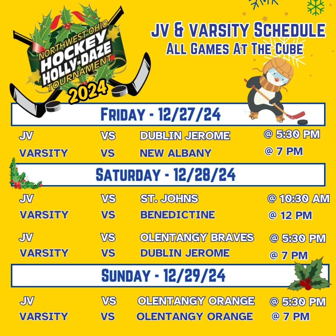 findlaytrojanshockey's profile picture
Mark your calendars for the Holly-Daze Tournament starting on Friday at the Cube! Passes may be purchased on the Hometown Ticketing app for $30. or $10 cash per game at the gate. LETS GO TROJANS! #HollyDazeHockey #trojantrue