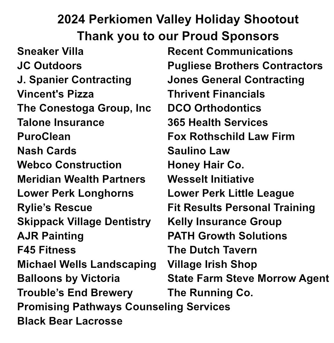 Looking forward to our annual Perkiomen Valley Boys Basketball Holiday Shootout…. Thank you so very much to each of this year’s sponsors!