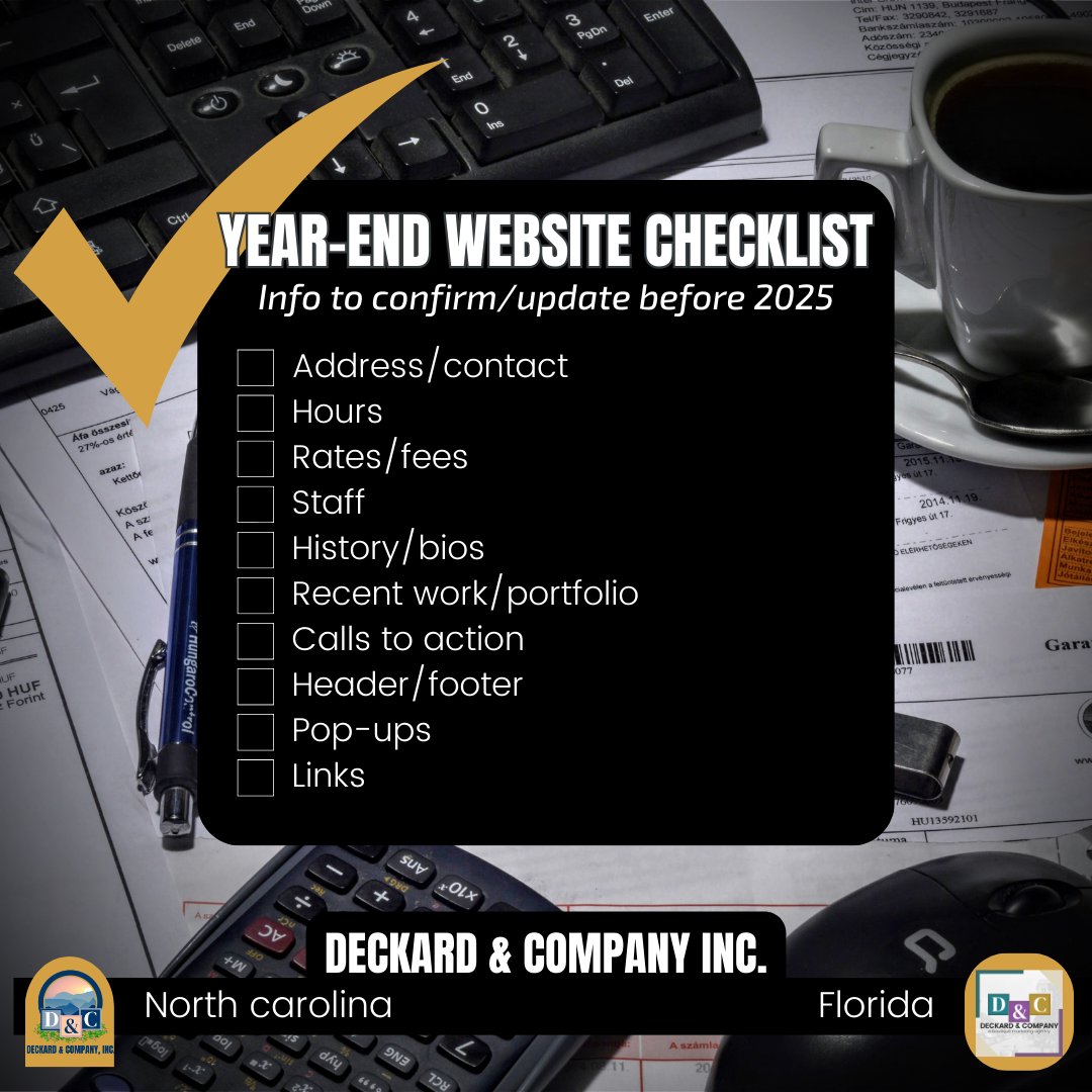 DeckardCompany's tweet image. Year end is a good time to go through your site&apos;s content and make basic but necessary updates and corrections

Don&apos;t forget to check every page and header/footer info, too! Not sure how to fix something? Just call us!

#bradentonwebdesign #elkparkwebdesign #bannerelkwebdesign