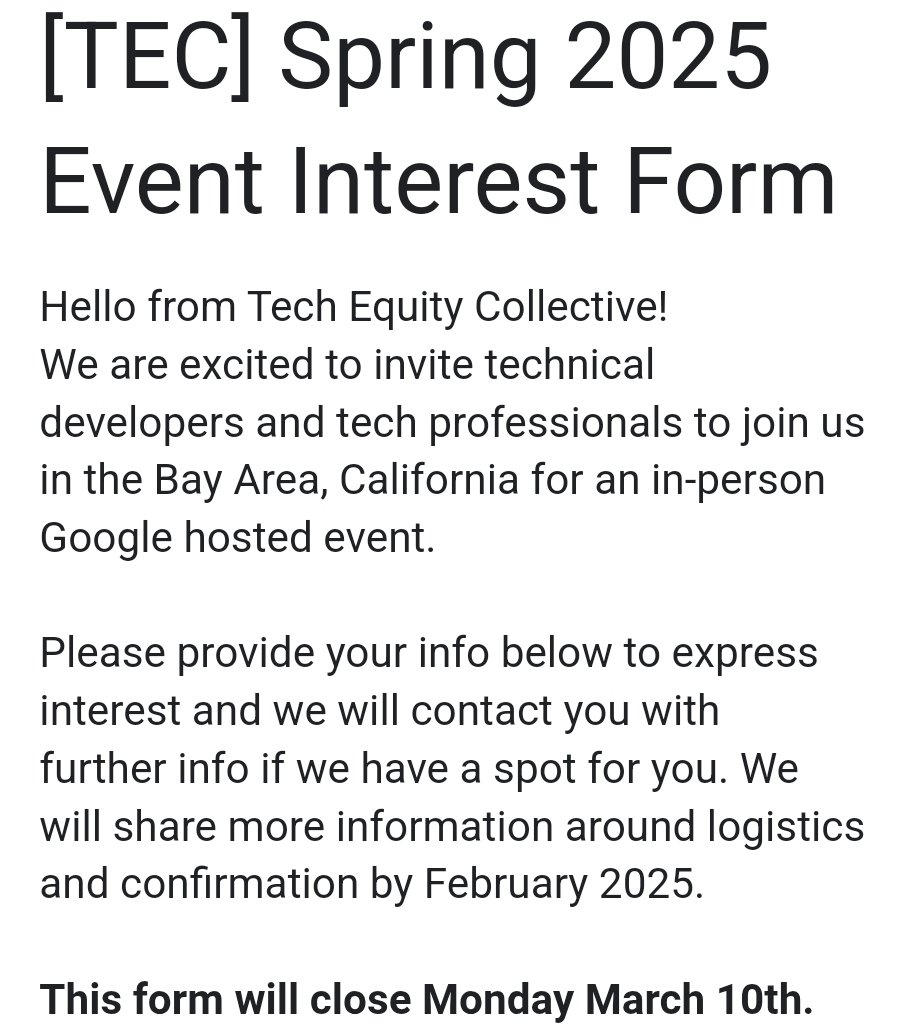 If you're a tech professional or developer interested in attending the huge Google I/O conference in the Spring... for FREE - Flights &amp; Hotels included - here's a chance to get the I/O Tech Equity Scholarship!
docs.google.com/forms/d/e/1FAI…
Please write in "Teneika" in last question.