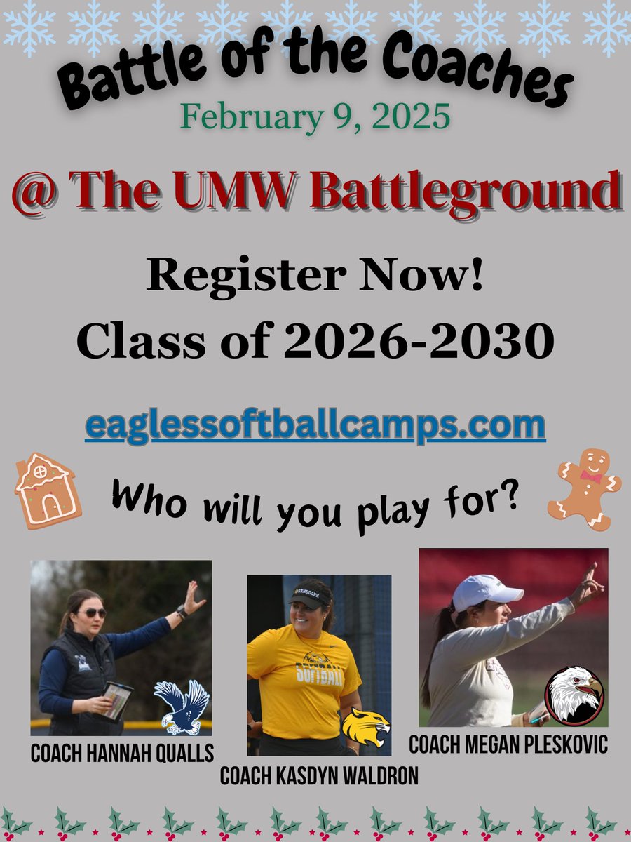 Hannah Qualls (@hquallsumw) on Twitter photo Teaming up with <a href="/MegPlesko9/">Megan Pleskovic</a> and <a href="/Kazdynn/">Kazdyn Waldron</a> to host one more Battle of the Coaches before spring season! Our last event sold out in 5 DAYS!! Register at
eaglessoftballcamps.com/battle-of-the-… Teaming up with <a href="/MegPlesko9/">Megan Pleskovic</a> and <a href="/Kazdynn/">Kazdyn Waldron</a> to host one more Battle of the Coaches before spring season! Our last event sold out in 5 DAYS!! Register at
eaglessoftballcamps.com/battle-of-the-…