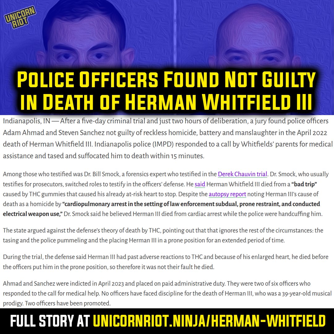 UR_Ninja's tweet photo. Earlier in December, two Indianapolis police officers were found not guilty of reckless homicide, battery and manslaughter for the April 2022 in-custody death of musical prodigy Herman Whitfield III. https://t.co/u20bVUWpiW