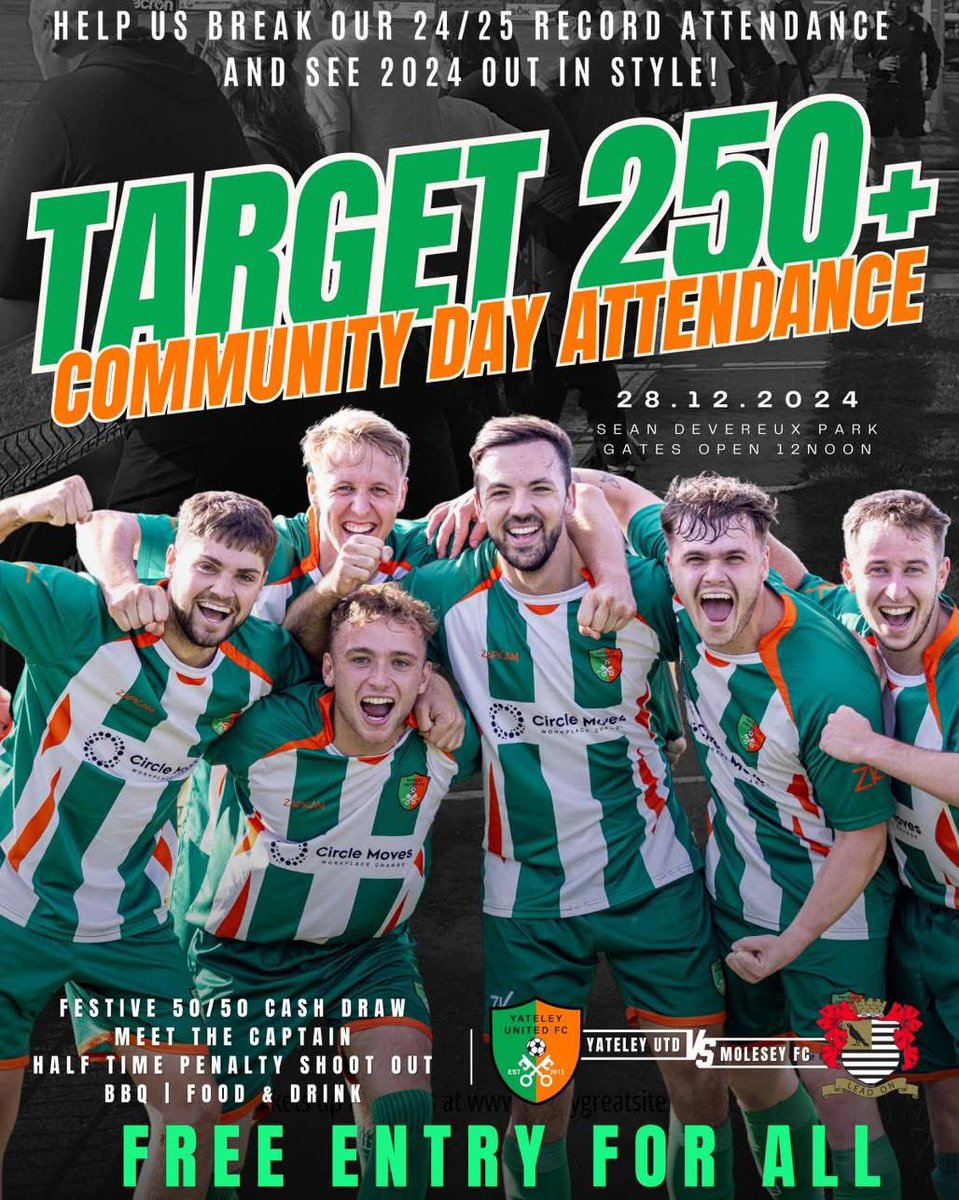 YateleyUtdFC's tweet photo. Next Sat 28th Dec is our Annual Community Day Match as we welcome @molesey_fc to Sean Devereux Park in @ComCoFL Div 1

Help us break our attendance record &amp; Target 250+

⚽️ 2pm ko
💴 FREE ENTRY!
📖 Printed Programmes
💰 50/50 Cash Draw
🍔🍟 BBQ
�� Clubhouse Bar
📺 Live Sky Sports https://t.co/l4jMpfxXfj