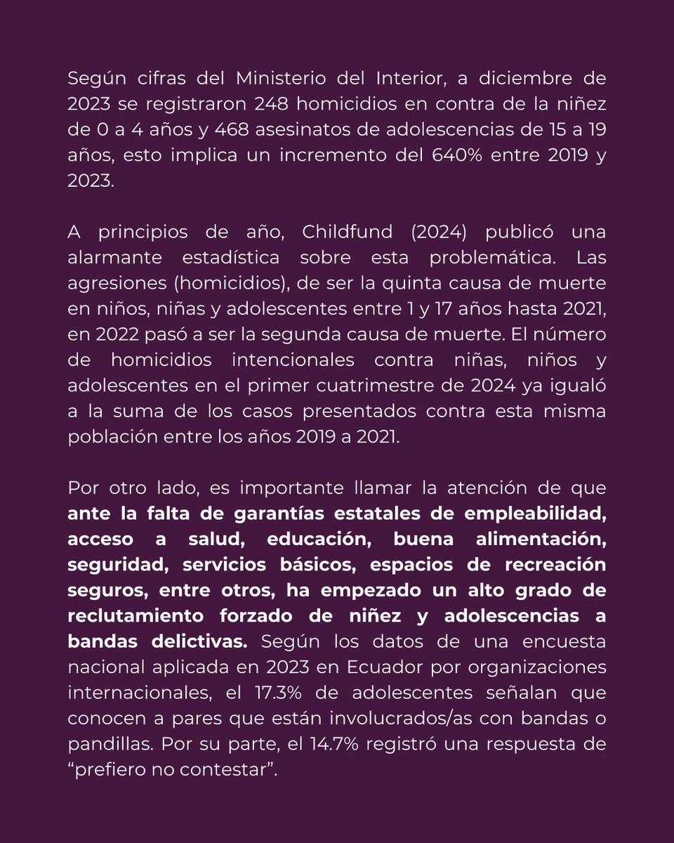📢 Exigimos justicia, garantías de no repetición y protección para la niñez y adolescencia en Ecuador.

✊🏿¡Es hora de alzar la voz y exigir acción! La vida y los derechos de nuestras niñas, niños y adolescencias no son negociables. 🔥🔥🔥
