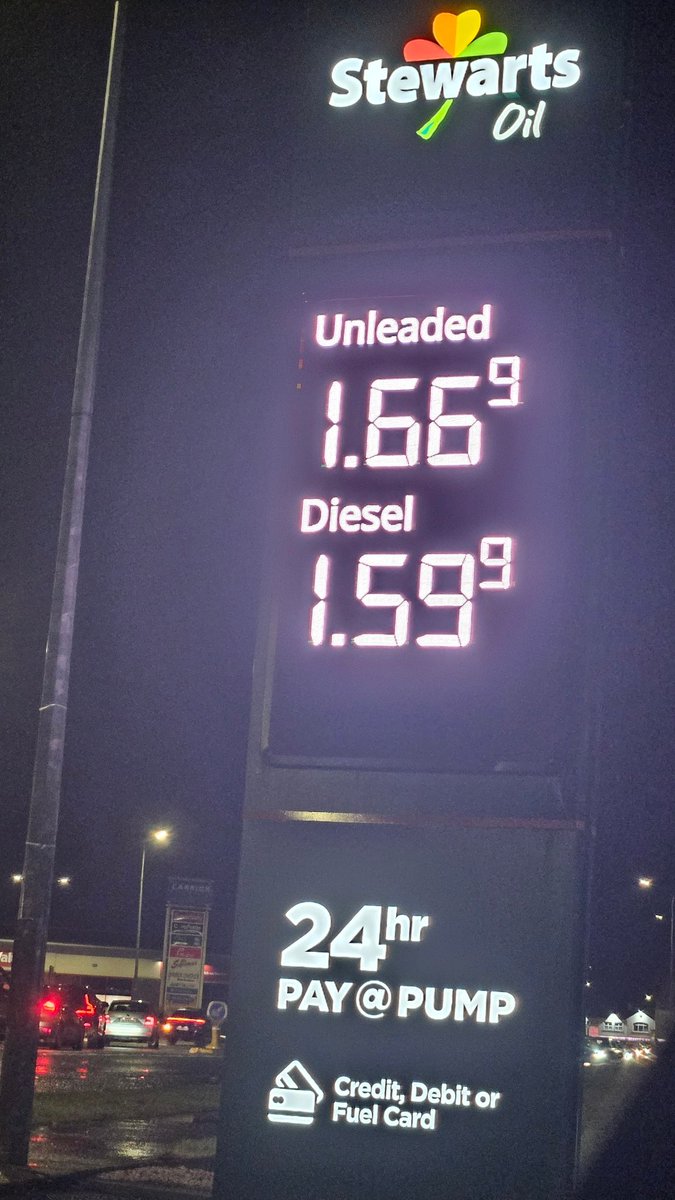 Fuel Prices: 

Huge disparity in fuel prices between my home town Sligo and Stewart's filling station in Carrick-On-Shannon, between 9c and 14c or circa €6-€9 per fill. Now why is that? I have no doubt what the answer is. I'm sure Stewarts' are getting plenty of irate calls