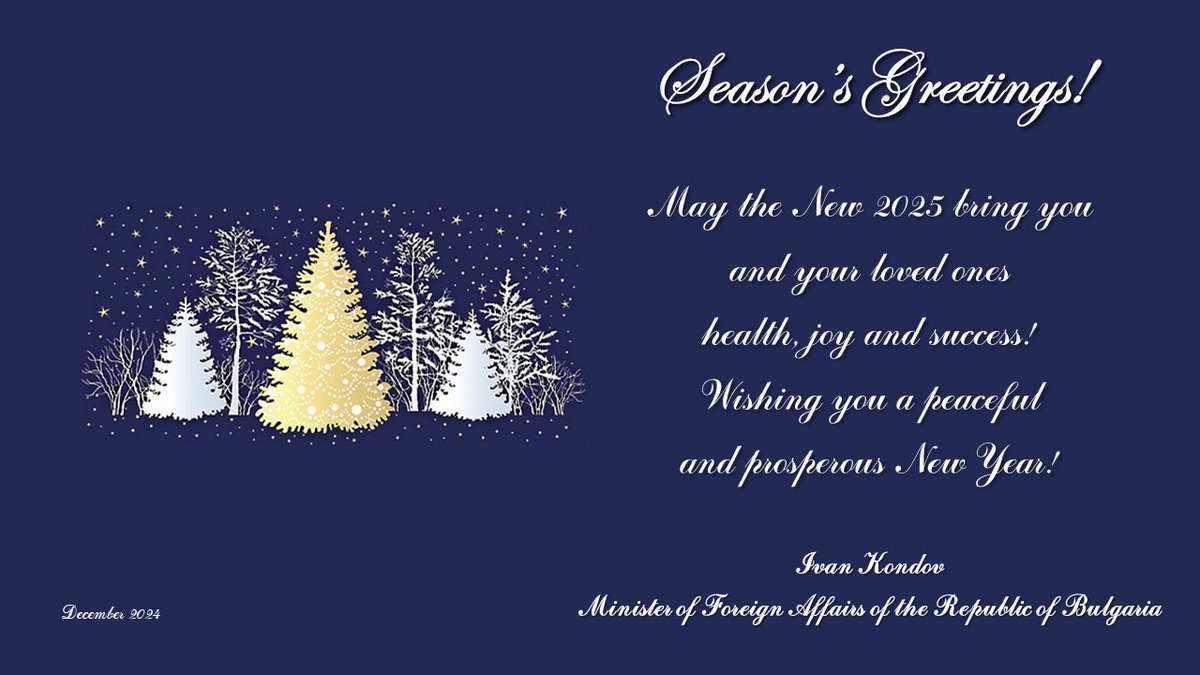 ConsulateBG_LA's tweet photo. 🎄✨🇧🇬 Greeting card on the occasion of the upcoming Christmas and New Year holidays on behalf of the Minister of Foreign Affairs of the Republic of Bulgaria, Mr. Ivan Kondov. https://t.co/5IJLwXUN4S