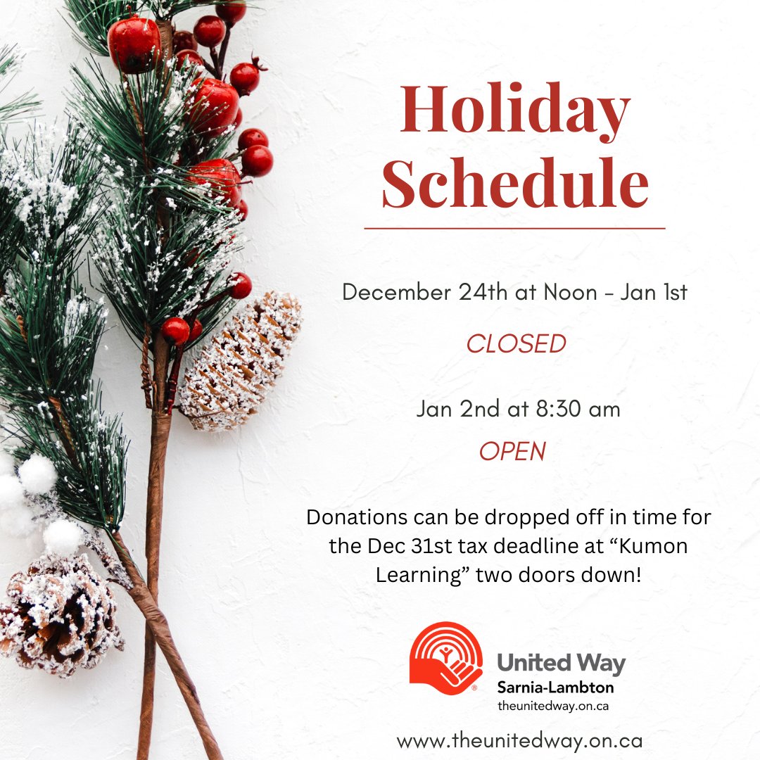 The United Way of Sarnia-Lambton will be closed for the holidays starting Dec 24th at Noon and re-opening on Jan 2nd at 8:30 am.

Donations can still be made online or brought to our friends two doors down at Kumon.

To donate, please click: bit.ly/UnitedWaySarni…

Thank You!