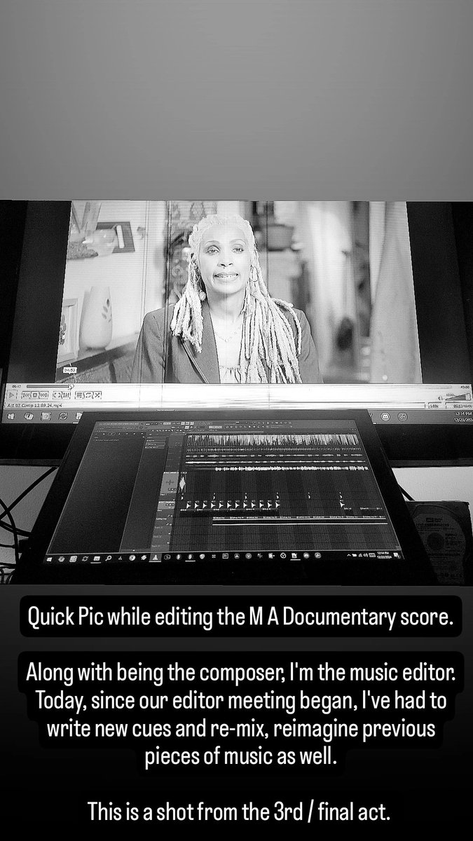 Quick Pic while editing the M A Documentary score.

Along with being the composer, I'm the music editor. Today, since our editor meeting began, I've had to write new cues and re-mix, reimagine previous pieces of music as well.

This is a shot from the 3rd / final act.