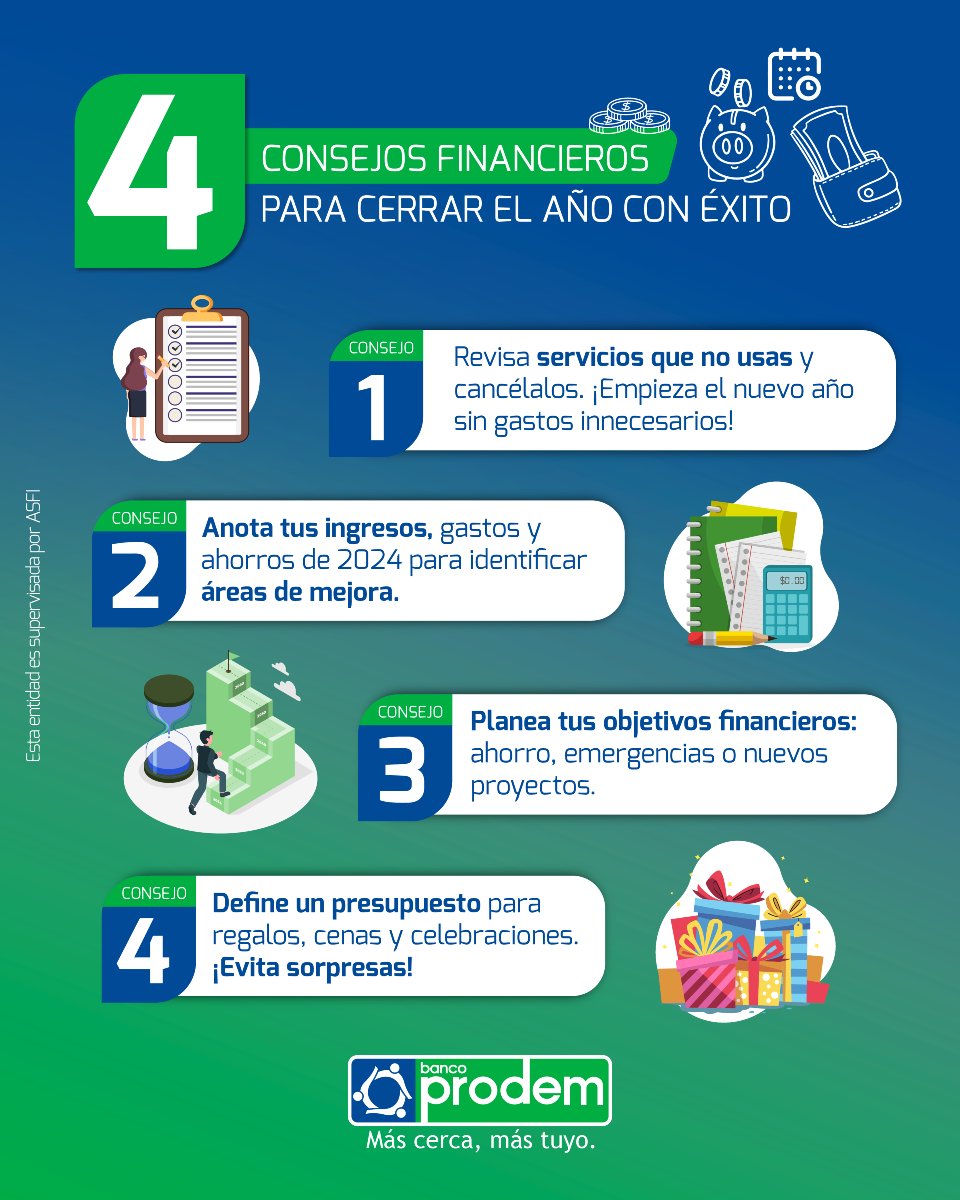 🎄💡 ¡Organiza tus finanzas antes de cerrar el año!
Sigue estos 4 consejos prácticos y prepárate para un 2025 lleno de oportunidades. Con #BancoProdem, tus finanzas están en las mejores manos. 💚💙
#FinDeAño #ConsejosFinancieros