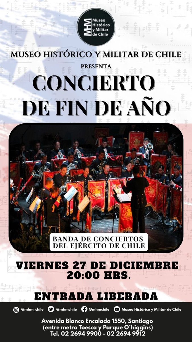 #MúsicaEnVivo 
 🎶 El @mhm_chile junto a la Banda de Conciertos del Ejército tienen el agrado de invitarlos al “Concierto de Fin de Año” que se realizará este viernes 27 de diciembre a las 20:00 hrs.
Entrada gratuita 
¡Los esperamos!