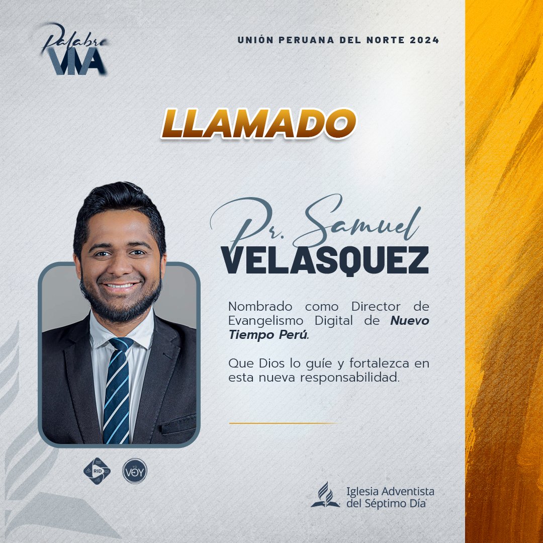 Con mucha alegría damos la bienvenida al Pr. Samuel Velasquez nombrado Director de Evangelismo Digital de Nuevo Tiempo Perú. 🇵🇪🙏

Oramos para que Dios lo guíe y fortalezca en esta nueva responsabilidad. 💪💛 #NuevoTiempoPerú