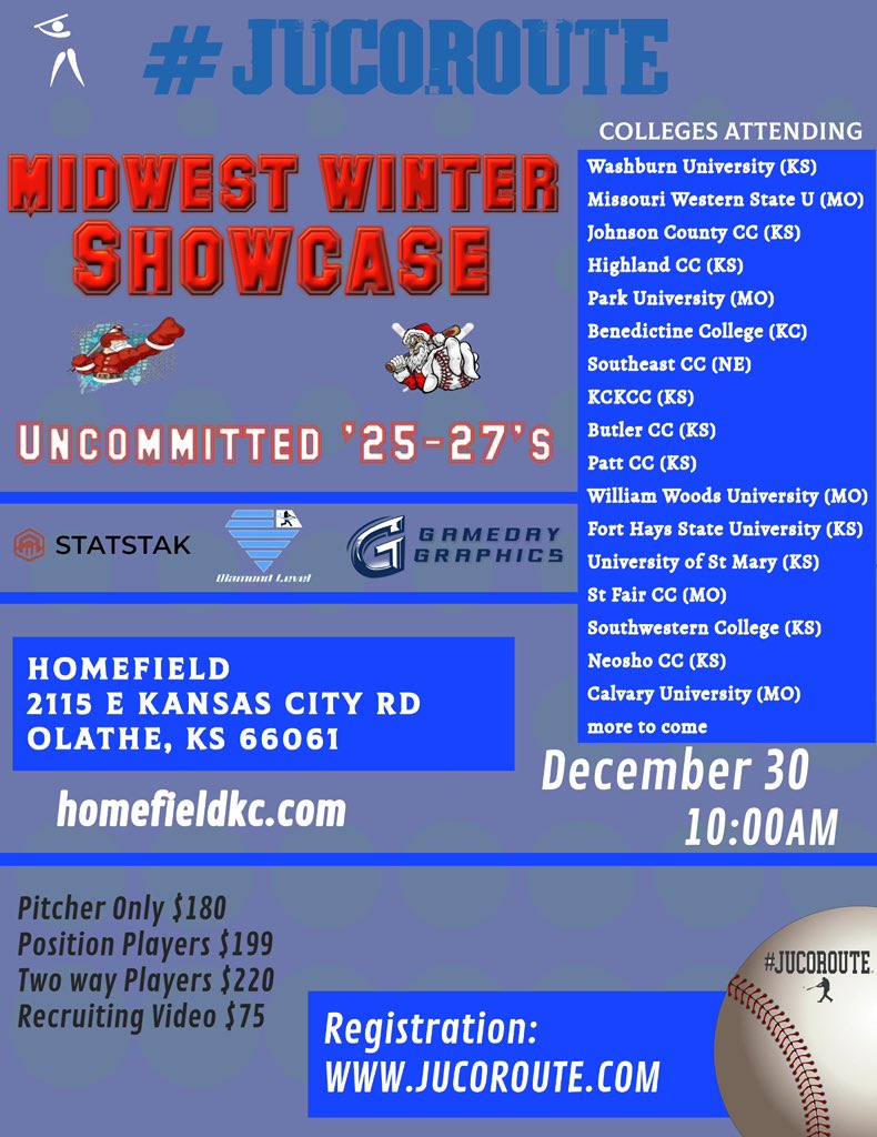 #JucoRoute (@jucoroute) on Twitter photo 🎄MIDWEST WINTER EVENT🎄
❗️LAST EVENT OF THE YEAR❗️
⚾️UNCOMMITTED 25-27’s⚾️
RECRUITING SHOWCASE
🚨17+COLLEGES🚨
📍Olathe,KS (<a href="/homefieldkc/">Homefield Kansas City</a>)
🏟️ Homefield Indoor KC
📆December 30
🎬 Recruiting Video Available
Register 🎟️ 👉 JucoRoute.com
<a href="/GamedayLLC/">GameDay Graphics LLC</a> 🎄MIDWEST WINTER EVENT🎄
❗️LAST EVENT OF THE YEAR❗️
⚾️UNCOMMITTED 25-27’s⚾️
RECRUITING SHOWCASE
🚨17+COLLEGES🚨
📍Olathe,KS (<a href="/homefieldkc/">Homefield Kansas City</a>)
🏟️ Homefield Indoor KC
📆December 30
🎬 Recruiting Video Available
Register 🎟️ 👉 JucoRoute.com
<a href="/GamedayLLC/">GameDay Graphics LLC</a>