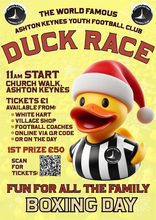 Ashton Keynes Youth Football Club (@akyouthfc) on Twitter photo There's  still time to buy your Duck Race tickets, don't miss out on your chance  to win in the most contested race of the year, zap that QR code found  in the poster now! There's  still time to buy your Duck Race tickets, don't miss out on your chance  to win in the most contested race of the year, zap that QR code found  in the poster now!