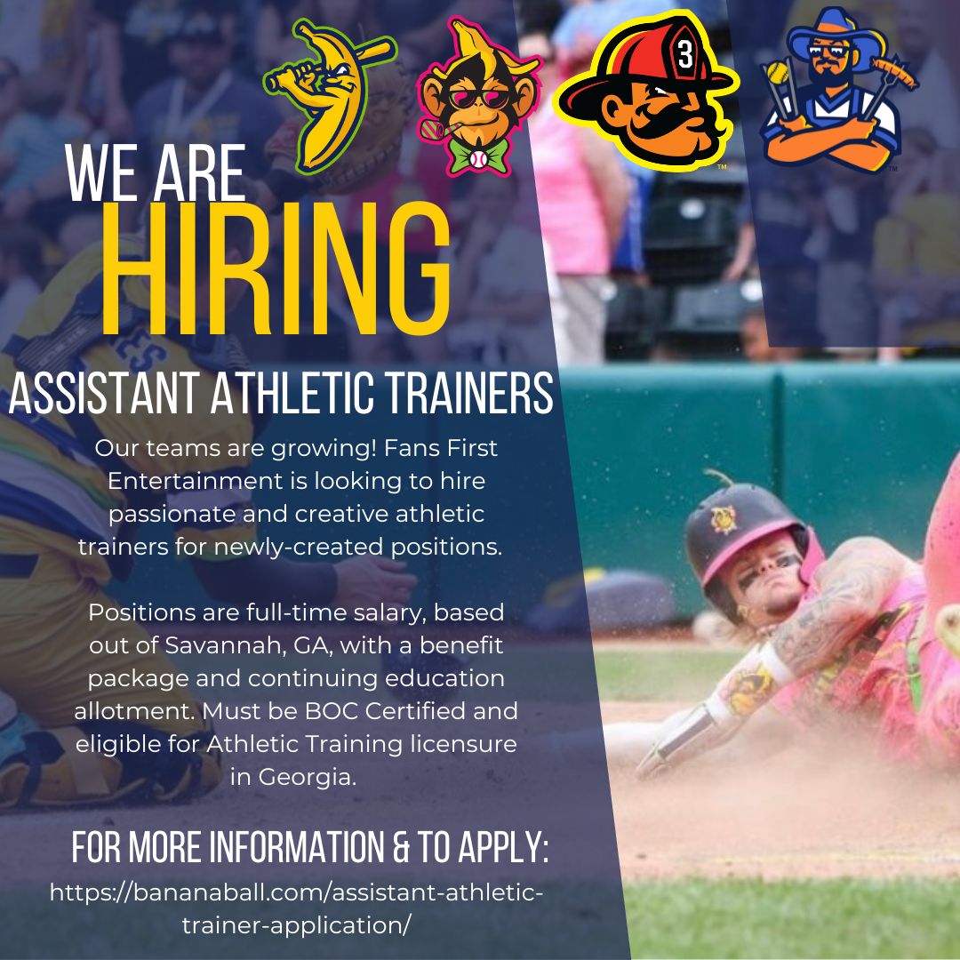 Steve Patterson (@atc_stevep) on Twitter photo My friends with the <a href="/TheSavBananas/">Savannah Bananas</a> are looking to add some truly "Fans First" AT's to their staff.
For more information and to apply: bananaball.com/assistant-athl… My friends with the <a href="/TheSavBananas/">Savannah Bananas</a> are looking to add some truly "Fans First" AT's to their staff.
For more information and to apply: bananaball.com/assistant-athl…