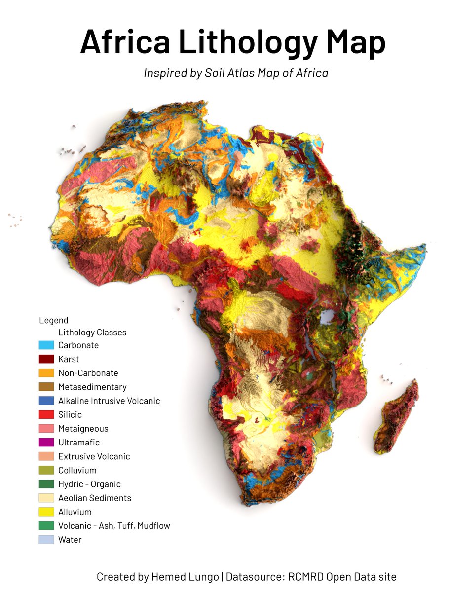 Hemed (@725hemeed) on Twitter photo A Map🗺️Showing Lithology coverage of Africa Continent, Dataset is from <a href="/RCMRD_/">RCMRD 🇰🇪 🇺🇬 🇸🇴 🇹🇿 🇲🇼 🇰🇲 🇿🇲 🇱🇸 🇸🇿</a> 's Open Data site #Africa #EastAfrica #WestAfrica #SouthAfrica #NorthAfrica #Lithology #geology #map #dataviz #gischat #geospatial #dataviz #qgis #b3d #Blender A Map🗺️Showing Lithology coverage of Africa Continent, Dataset is from <a href="/RCMRD_/">RCMRD 🇰🇪 🇺🇬 🇸🇴 🇹🇿 🇲🇼 🇰🇲 🇿🇲 🇱🇸 🇸🇿</a> 's Open Data site #Africa #EastAfrica #WestAfrica #SouthAfrica #NorthAfrica #Lithology #geology #map #dataviz #gischat #geospatial #dataviz #qgis #b3d #Blender