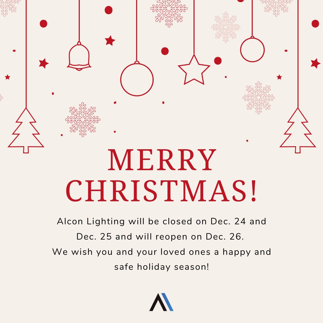 Alcon Lighting will be closed on Dec. 24 and Dec. 25 and will reopen on Dec. 26. We wish you and your loved ones a happy and safe holiday season! #christmas2024