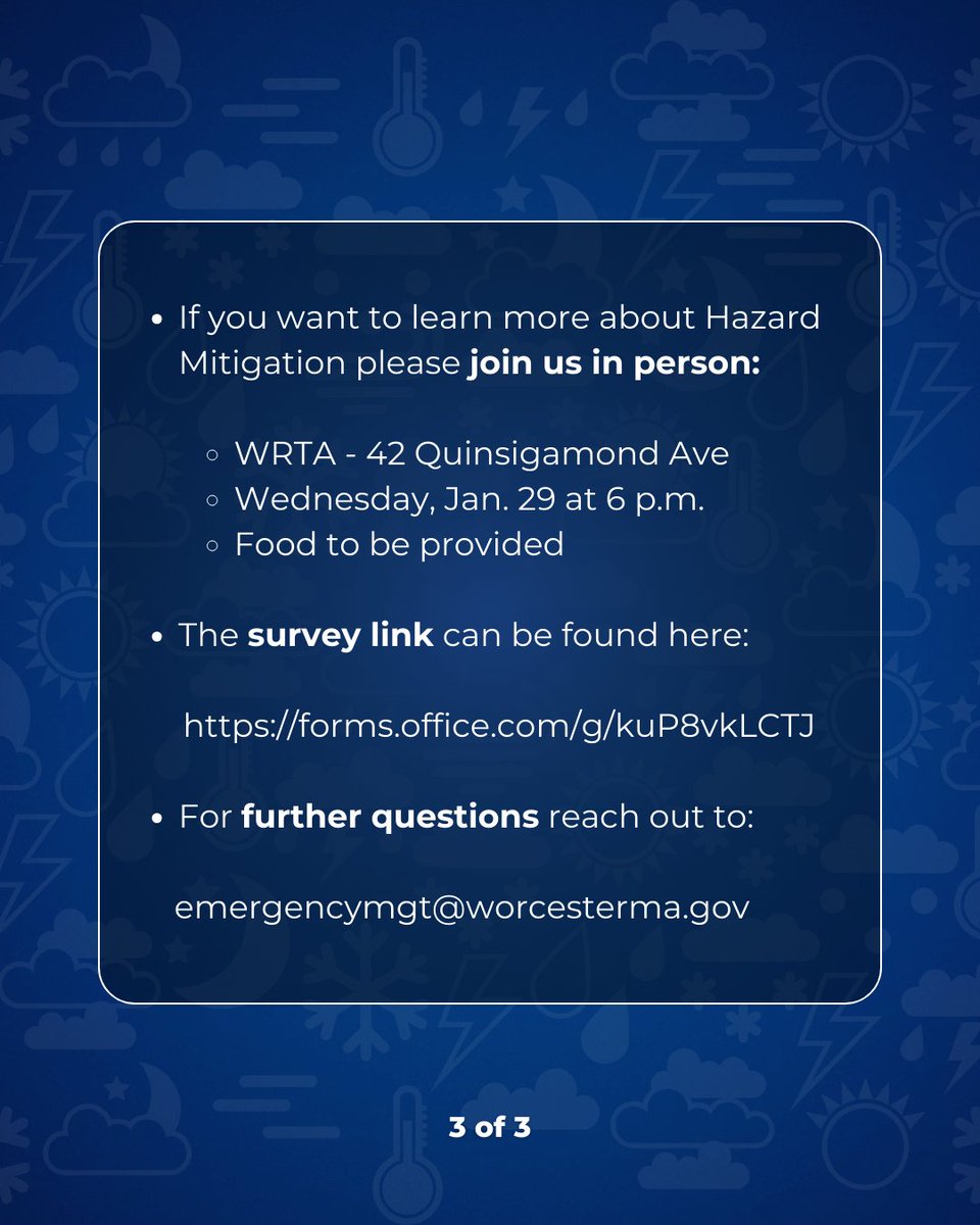 The City of Worcester's Emergency Communications &amp; Management Department has launched a community survey to solicit public feedback and input to update the department’s 2025-’30 Hazard Mitigation Plan.

Learn more and take the survey: worcesterma.gov/announcements/…
