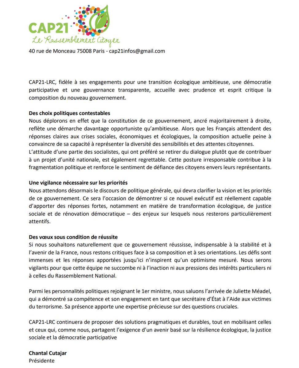 Cap 21 - Le Rassemblement Citoyen (@cap21_lrc) on Twitter photo Cap21 accueille avec prudence et esprit critique la composition du nouveau gouvernement.
#gouvernementbayrou #gouvernement <a href="/CHANTALCUTAJAR/">CHANTAL CUTAJAR</a> <a href="/corinnelepage/">Corinne Lepage</a> <a href="/AmandineRapenne/">Amandine Rapenne</a>
A lire ⬇️ Cap21 accueille avec prudence et esprit critique la composition du nouveau gouvernement.
#gouvernementbayrou #gouvernement <a href="/CHANTALCUTAJAR/">CHANTAL CUTAJAR</a> <a href="/corinnelepage/">Corinne Lepage</a> <a href="/AmandineRapenne/">Amandine Rapenne</a>
A lire ⬇️
