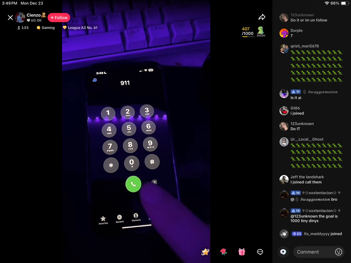 Bruh is this how tik tok lives go? Someone is asking people to spam chat and plans to call 911. This really is not cool at all.