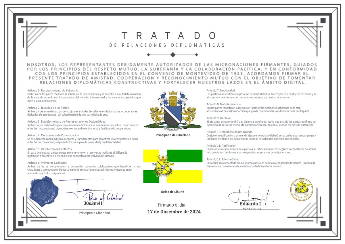 RLiburia's tweet photo. 🤝 Hoy celebramos  la formalización del Tratado de Relaciones Diplomáticas con el Reino de Liburia. ¡Un paso más hacia la cooperación global! 📷
@RLiburia
#Micronacion https://t.co/uGOTfydRbA