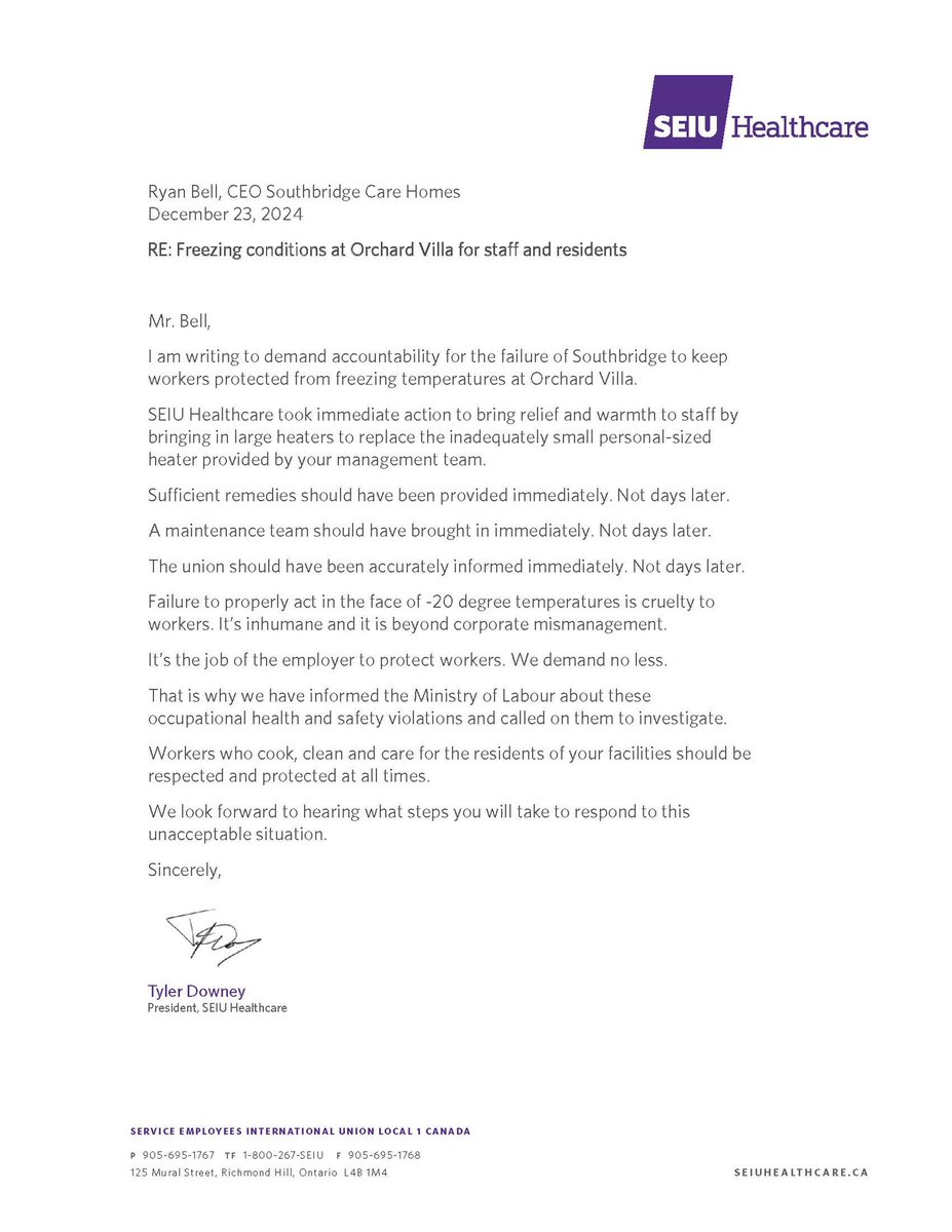 This morning, SEIU Healthcare President <a href="/downeyty/">Tyler Downey</a> wrote to Southbridge Care Homes CEO Ryan Bell to demand accountability for their failure to keep workers safe.