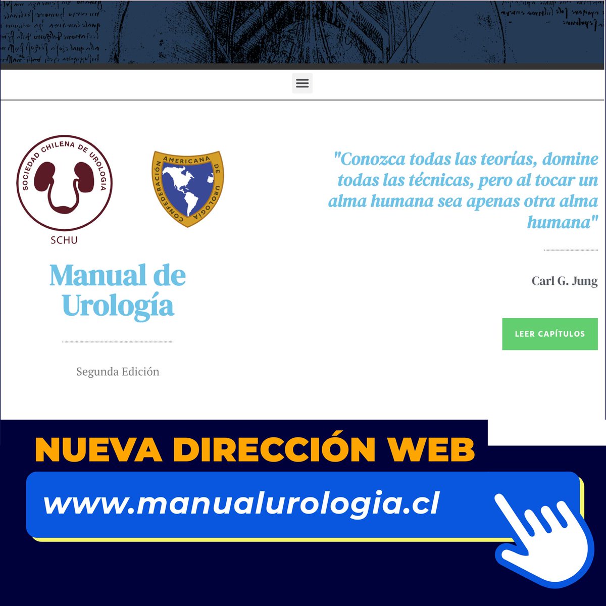 👌Buenas noticias. La 2da edición del Manual de Urología nuevamente está disponible en la web, ahora puedes encontrarlo en: manualurologia.cl
También puedes acceder a través de nuestra web corporativa: schu.cl
Menú:
👉Educación y Eventos
👉Publicaciones.