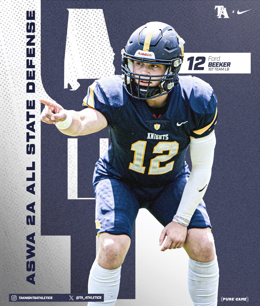 🏈 𝘼𝙇𝙇 𝙎𝙏𝘼𝙏𝙀 ⚔️
Congratulations to Ford Beeker!
𝘈𝘚𝘞𝘈 𝘈𝘏𝘚𝘈𝘈 2𝘈 1𝘴𝘵 𝘛𝘦𝘢𝘮 𝘈𝘭𝘭 𝘚𝘵𝘢𝘵𝘦 𝘓𝘉
Ford Beeker led the TA Knights with 193 tackles in 2024. He finished his career at Tuscaloosa Academy with 483 total tackles.
#TuscaloosaAcademy | #GoKnights