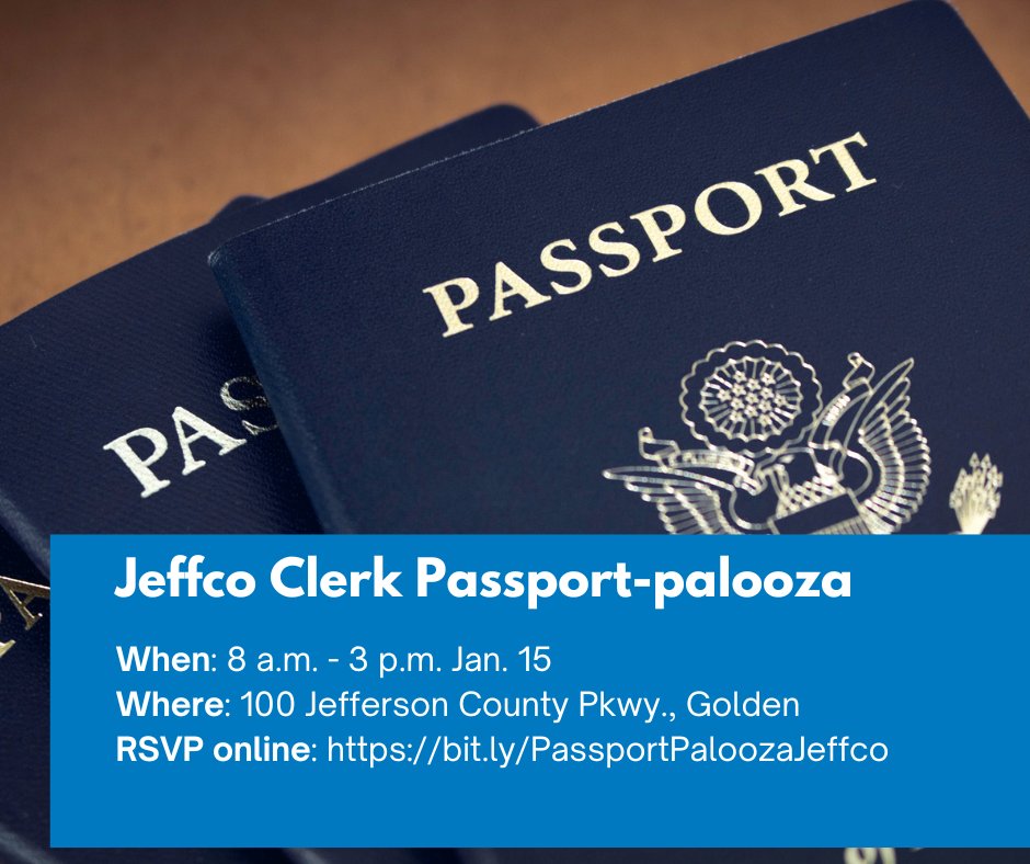 City of Lakewood, Colorado (@lakewoodcogov) on Twitter photo Twice a year the <a href="/JeffcoClerk/">Jeffco Clerk and Recorder</a> provides passport processing with no appointment necessary.
If you are filing for a new passport, your passport has expired by more than five years, or you are getting passports for your children, this event is for you.
bit.ly/PassportPalooz⦠Twice a year the <a href="/JeffcoClerk/">Jeffco Clerk and Recorder</a> provides passport processing with no appointment necessary.
If you are filing for a new passport, your passport has expired by more than five years, or you are getting passports for your children, this event is for you.
bit.ly/PassportPaloozā¦