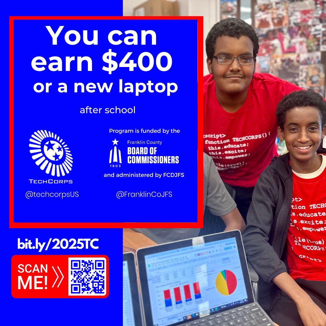 techcorpsus's tweet image. Franklin County 9th &amp;amp; 10th graders, join Computing Career Corps to learn tech skills and explore careers. Earn a laptop or $400! 3D printing, coding &amp;amp; software. Register at bit.ly/2025TC. #learnandearn #workbasedlearning #techeducation @franklincountyjfs