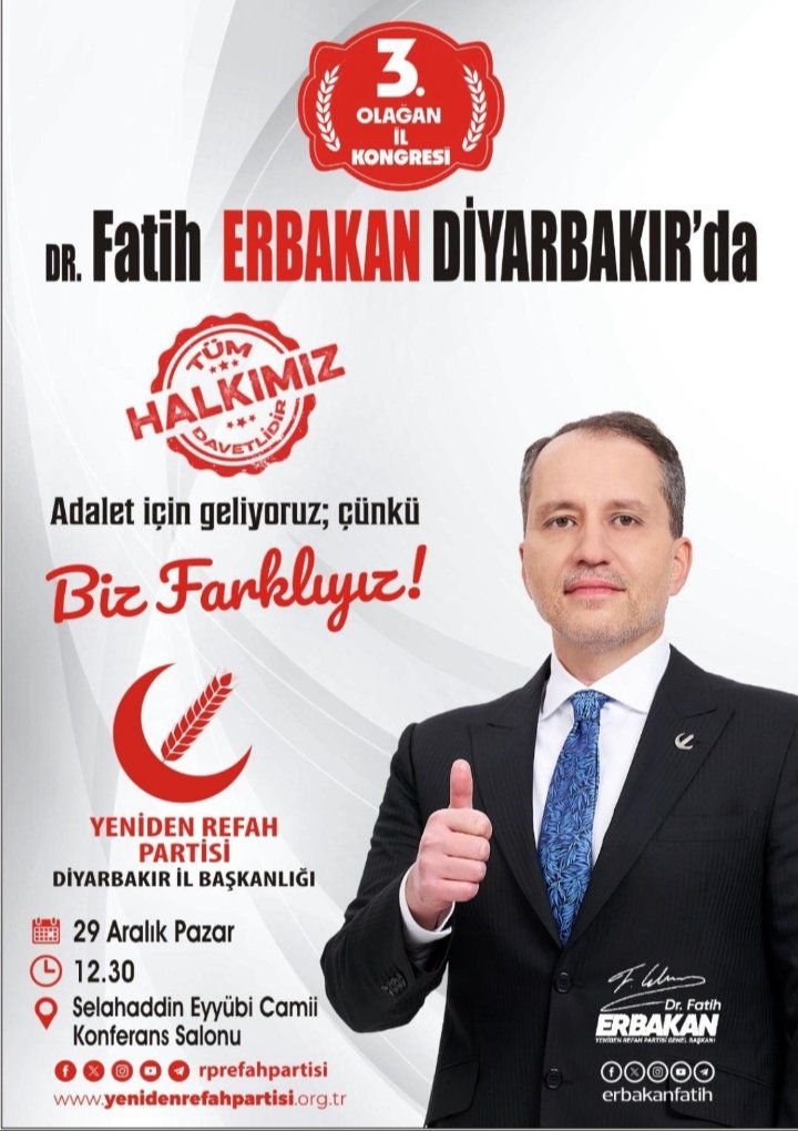 Milli görüş lideri
Yeniden refah partisi
Genel başkanımız
Dr Muhammed Ali Fatih ERBAKAN
Yeniden rafah partisi DİYARBAKIR
3.cü olağan il kongremize teşrif edecektir.
İl kongremize tüm halkımız davetlidir.