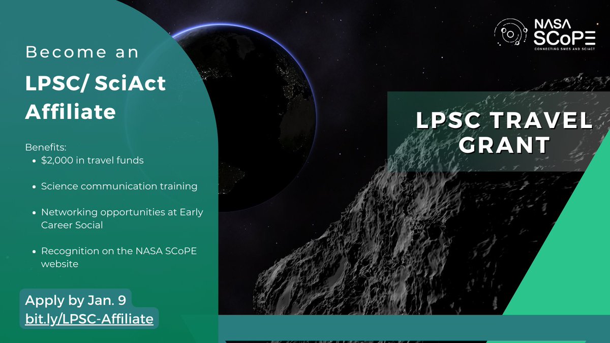 SCoPEconnects's tweet image. Travel grants to #LPSC2025 are open now until January 9th! Apply today to become an #LPSC affiliate and you could receive travel funds: bit.ly/LPSC-Affiliate #BLACKandSTEM #WomenInScience #LatinXinSTEM #DisabledinSTEM #NativeinSTEM